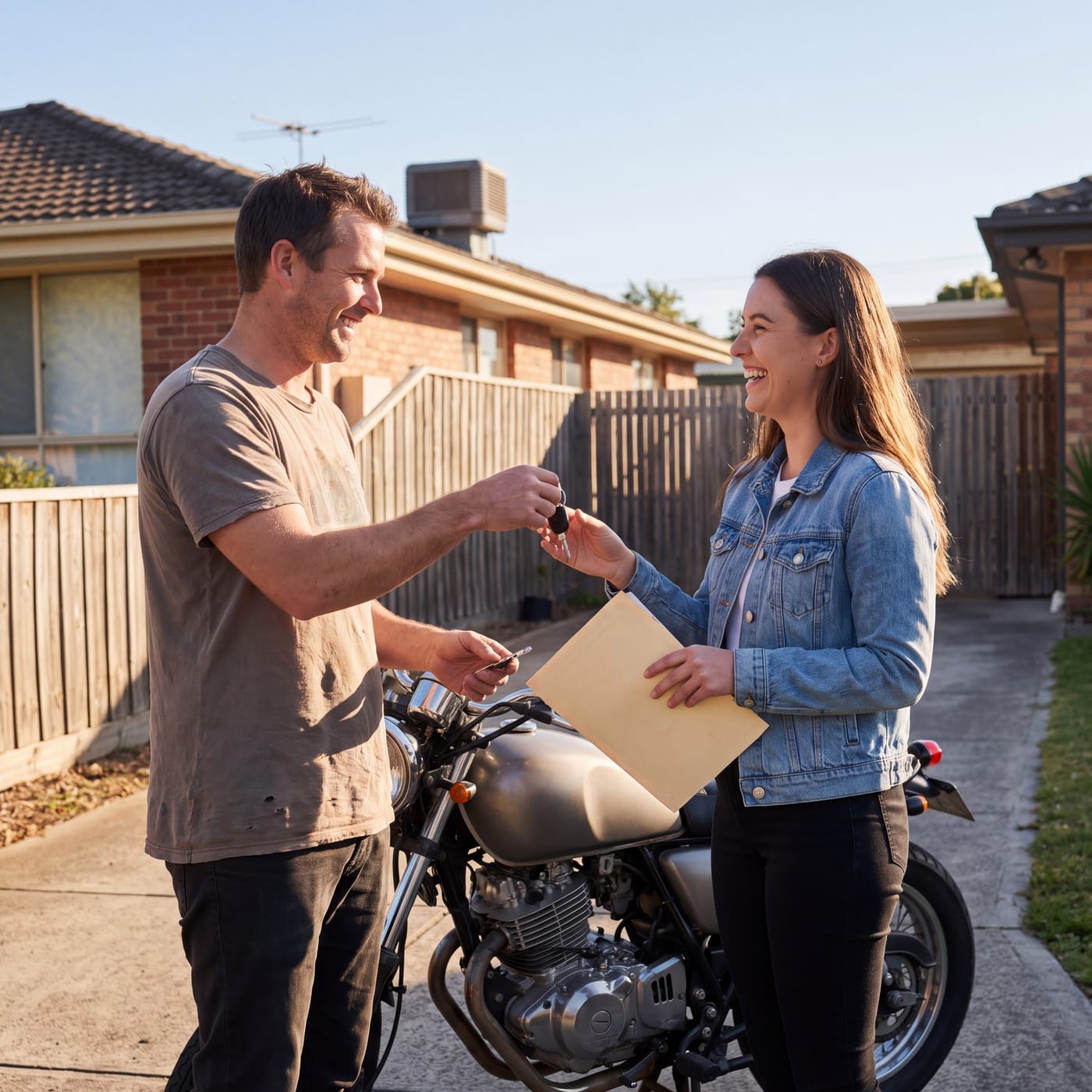 Man handing keys and a folder to a woman beside a motorbike in a driveway