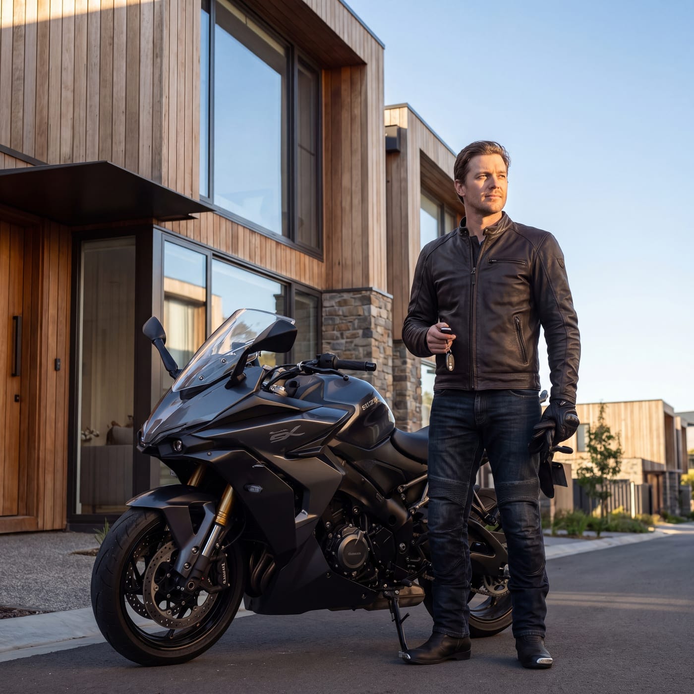 Rider in a leather jacket holding keys beside a sports bike outside a modern house
