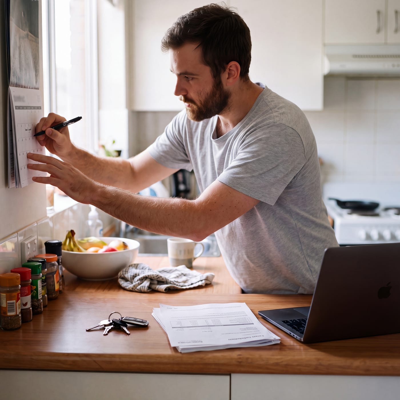 Man marking a wall calendar in a kitchen, with a laptop, keys and paperwork on the bench