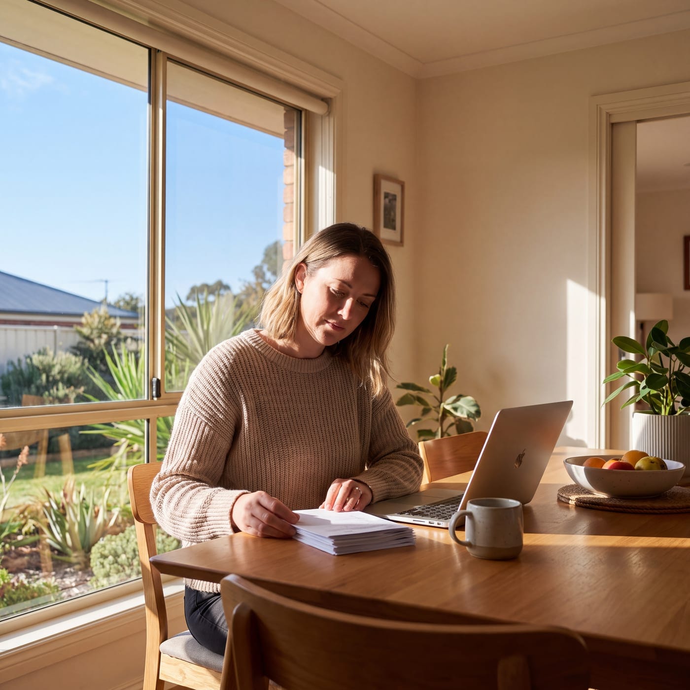 Woman sorting a stack of letters at a dining table with a laptop
