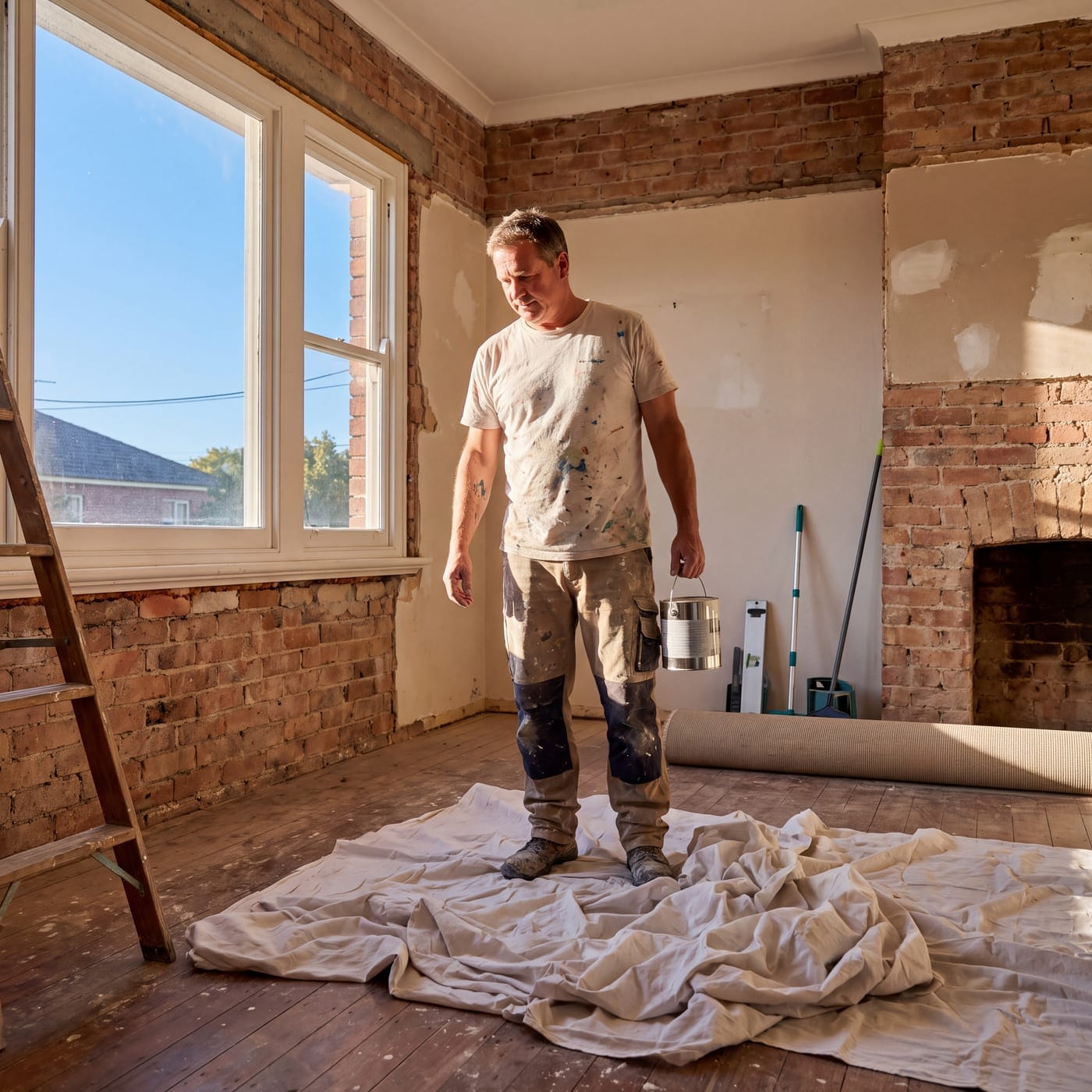 Painter standing on a drop sheet in a stripped-back room with exposed brick