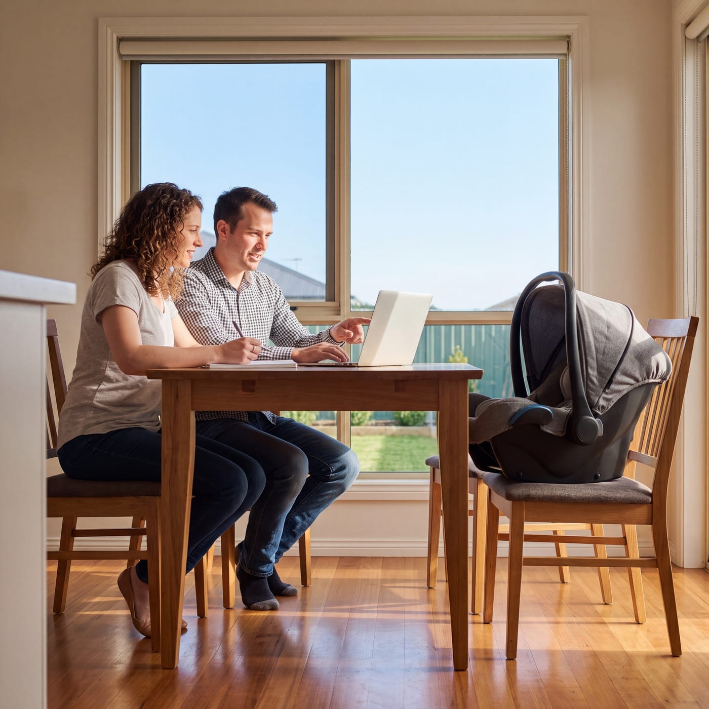 Couple at a dining table with a laptop and a baby capsule on the chair beside them