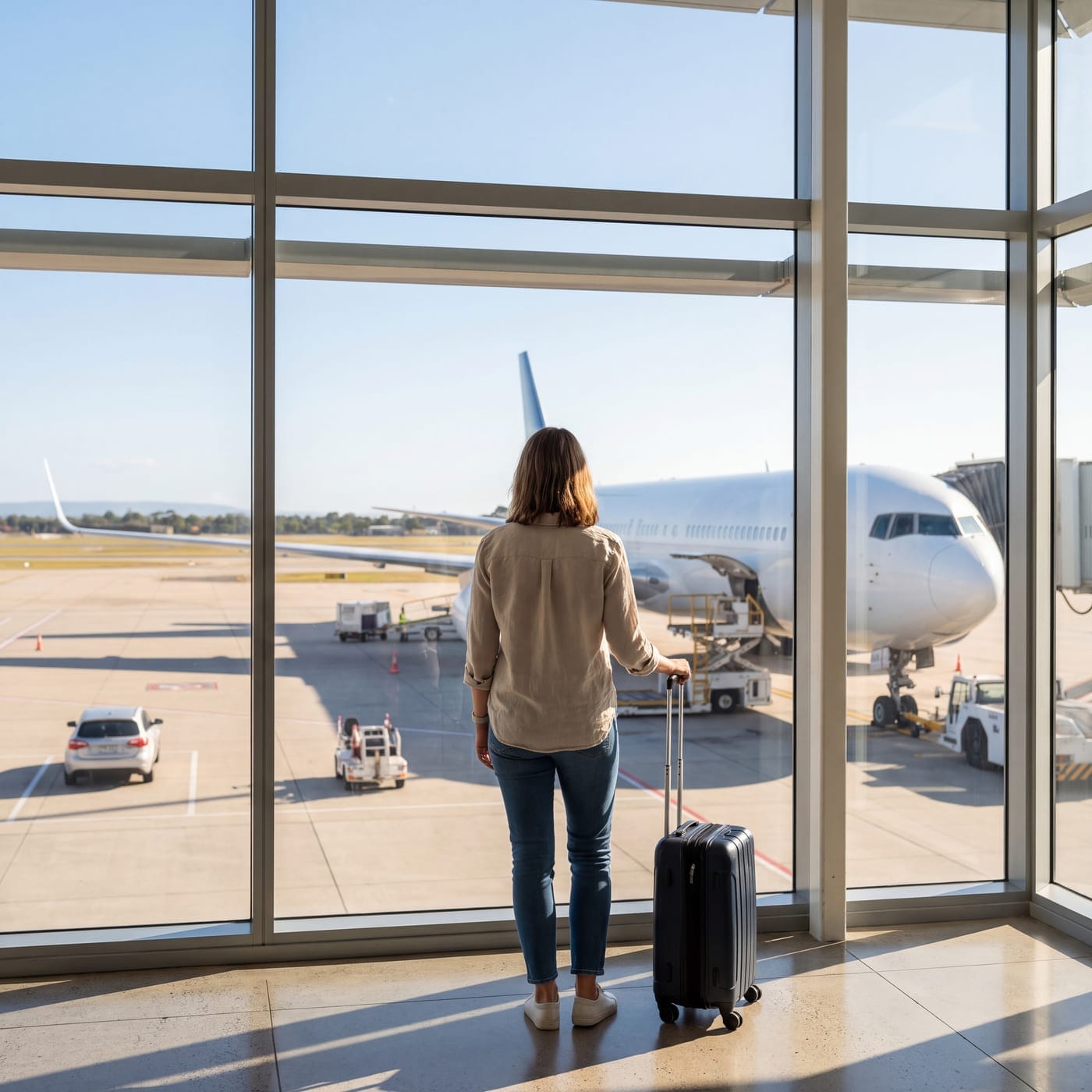 Woman with a suitcase looking out at a plane through an airport window