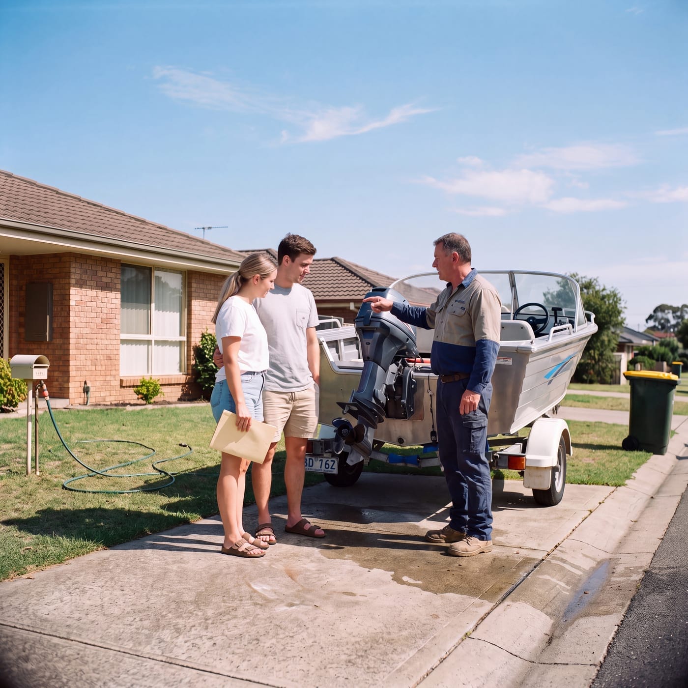 Family looking over a small aluminium boat on a trailer in a front yard