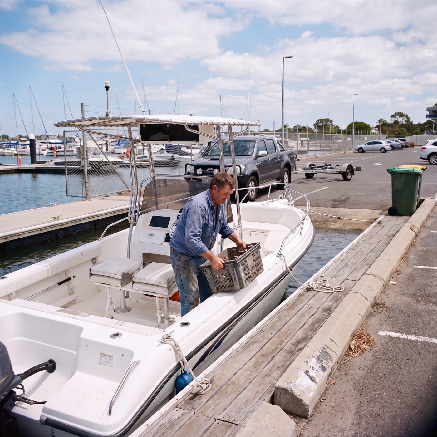 Man lifting a crate aboard a boat at a marina berth