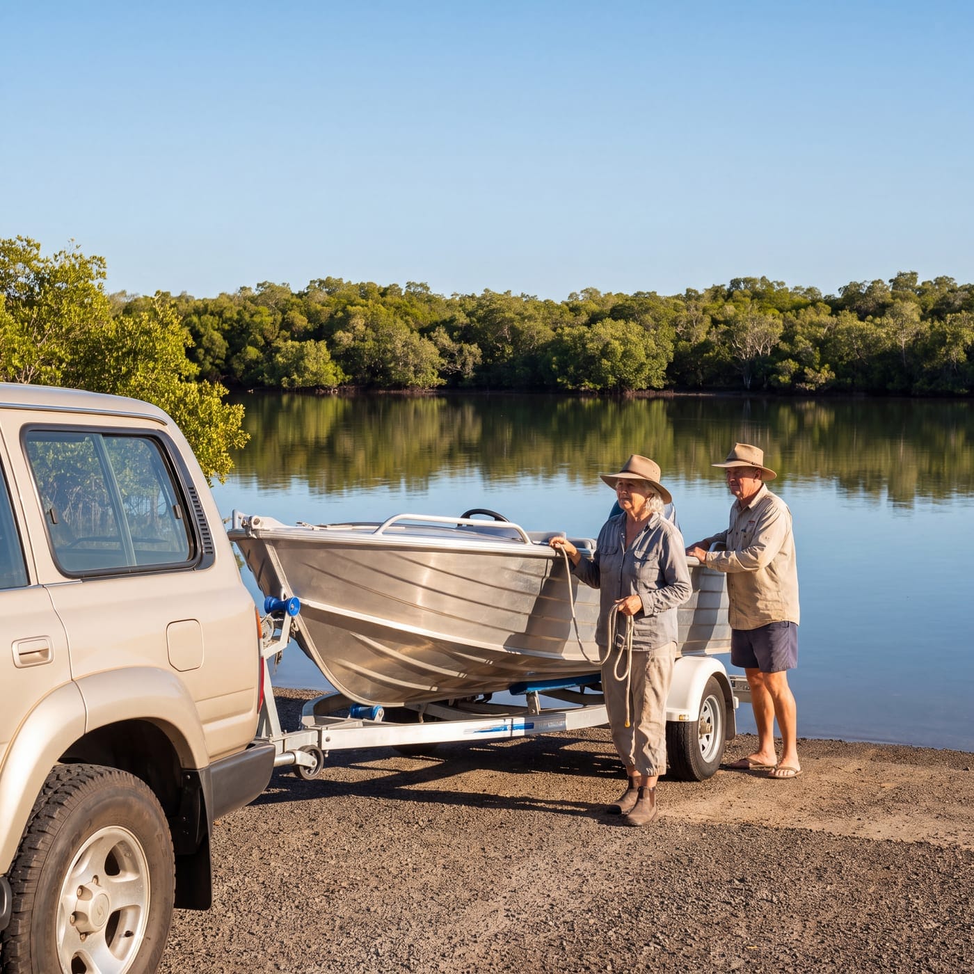 Older couple with a small aluminium boat on a trailer at a riverside ramp