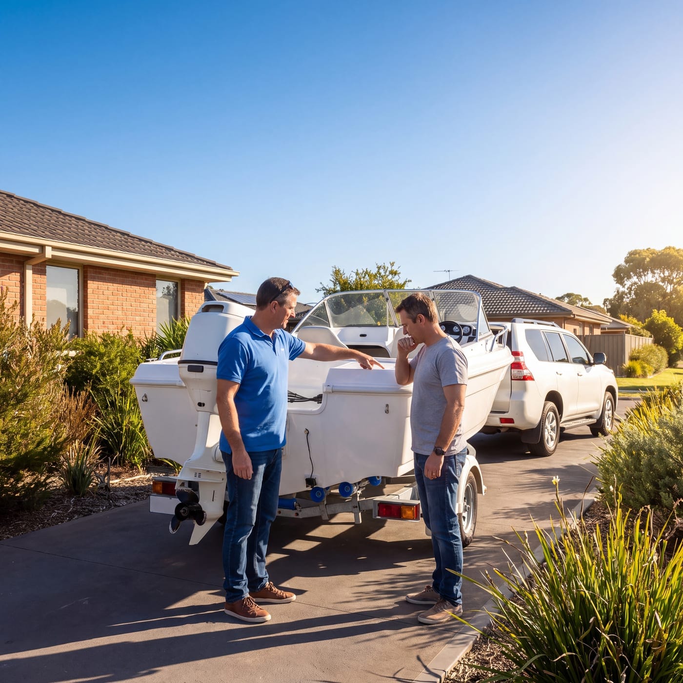 Two men discussing a boat on a trailer in a suburban driveway