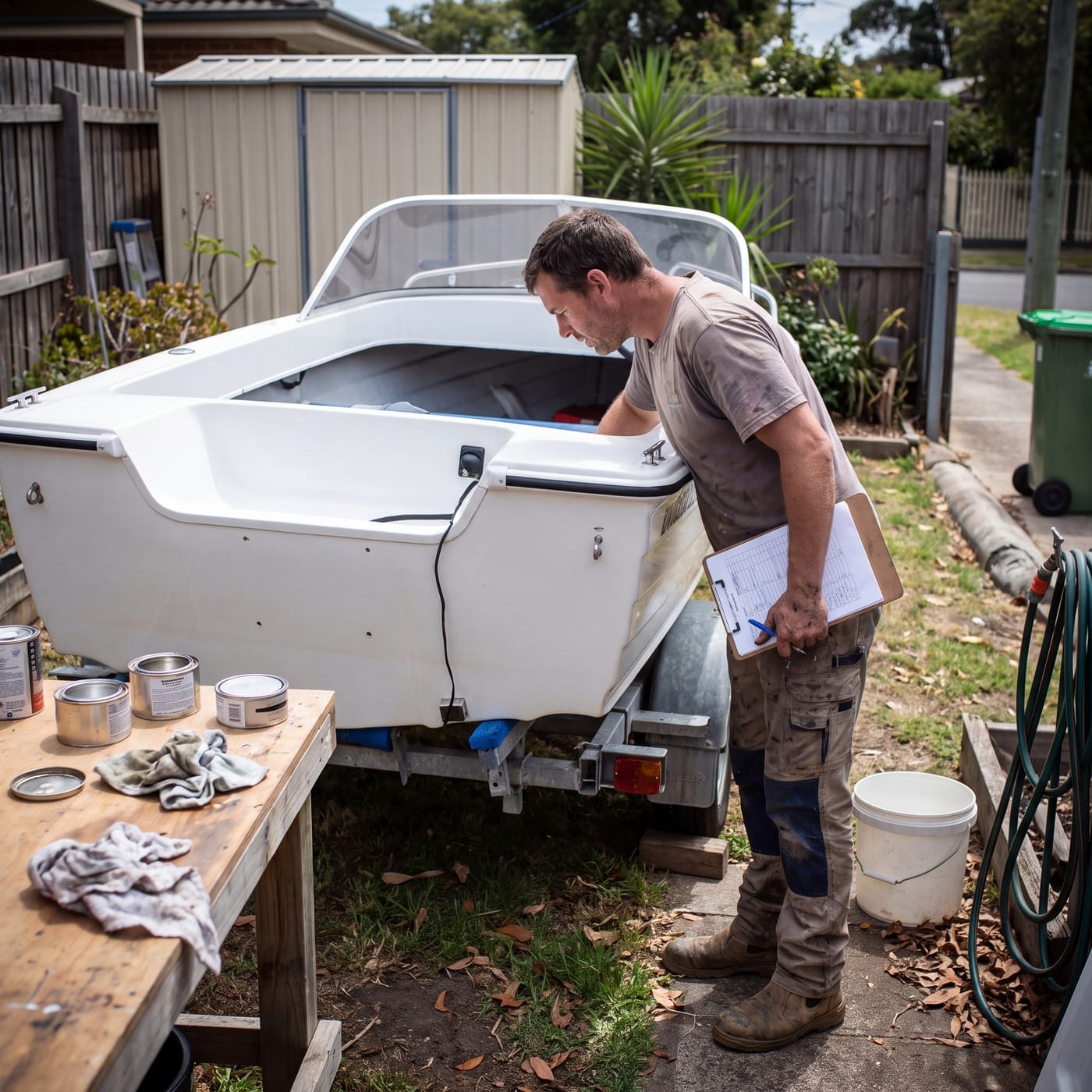 Man inspecting a stripped hull on a trailer beside a shed, tools laid out on a bench