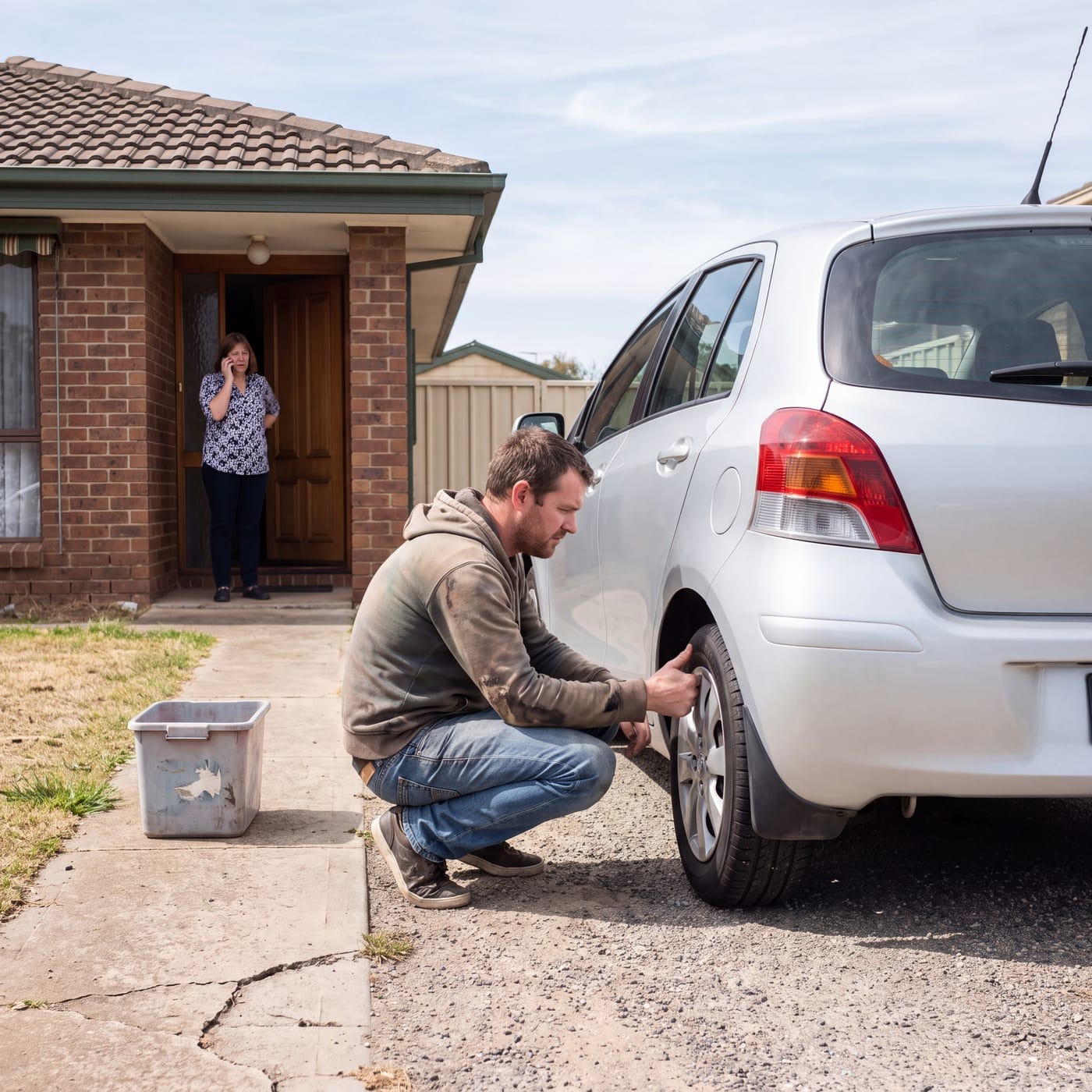 Man crouched at the rear wheel of a small hatchback while someone watches from the doorway