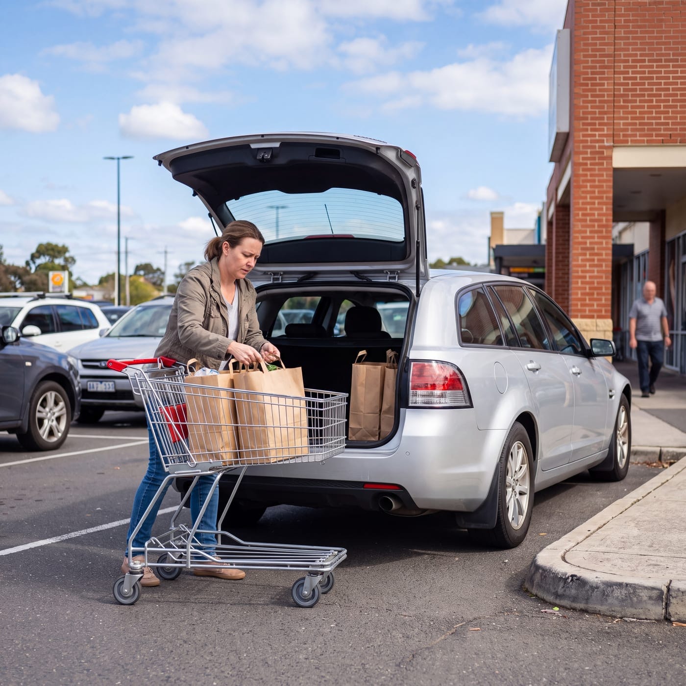 Woman loading grocery boxes from a trolley into a car boot in a car park
