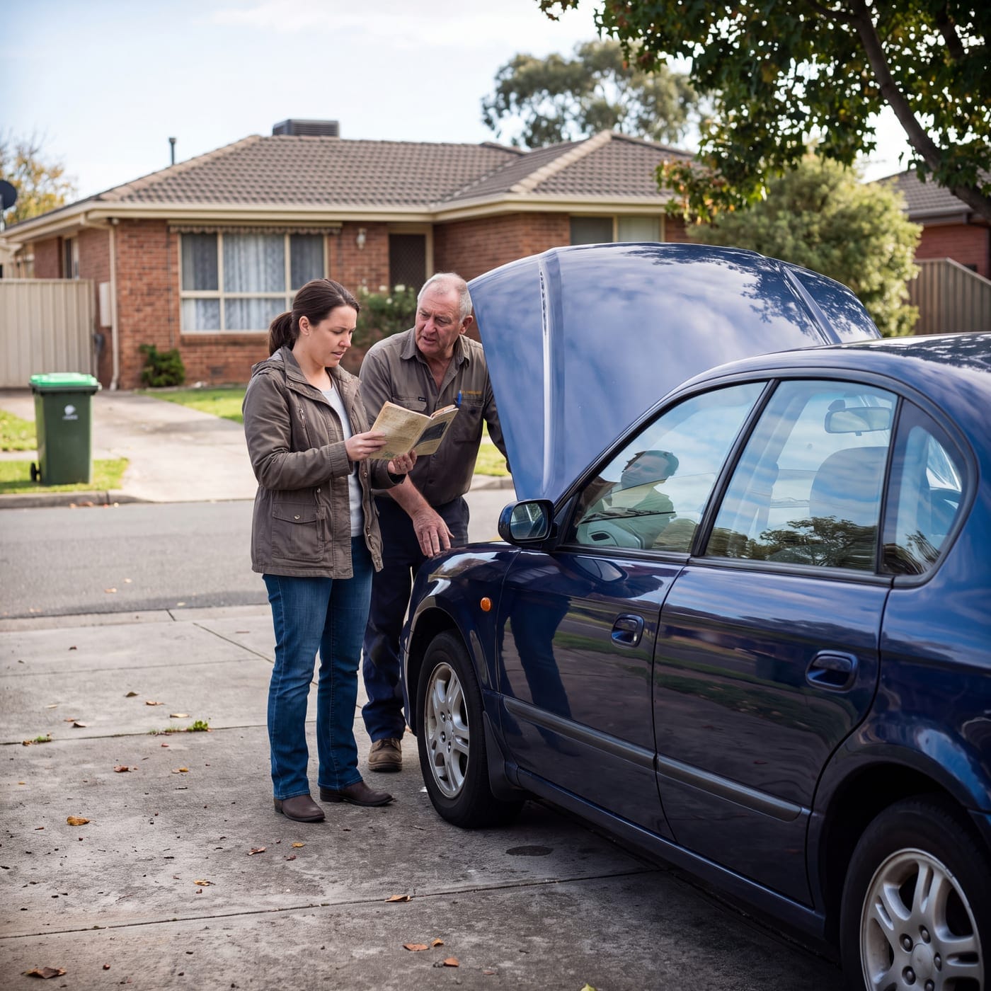 Two people looking under the open bonnet of a car parked at the kerb