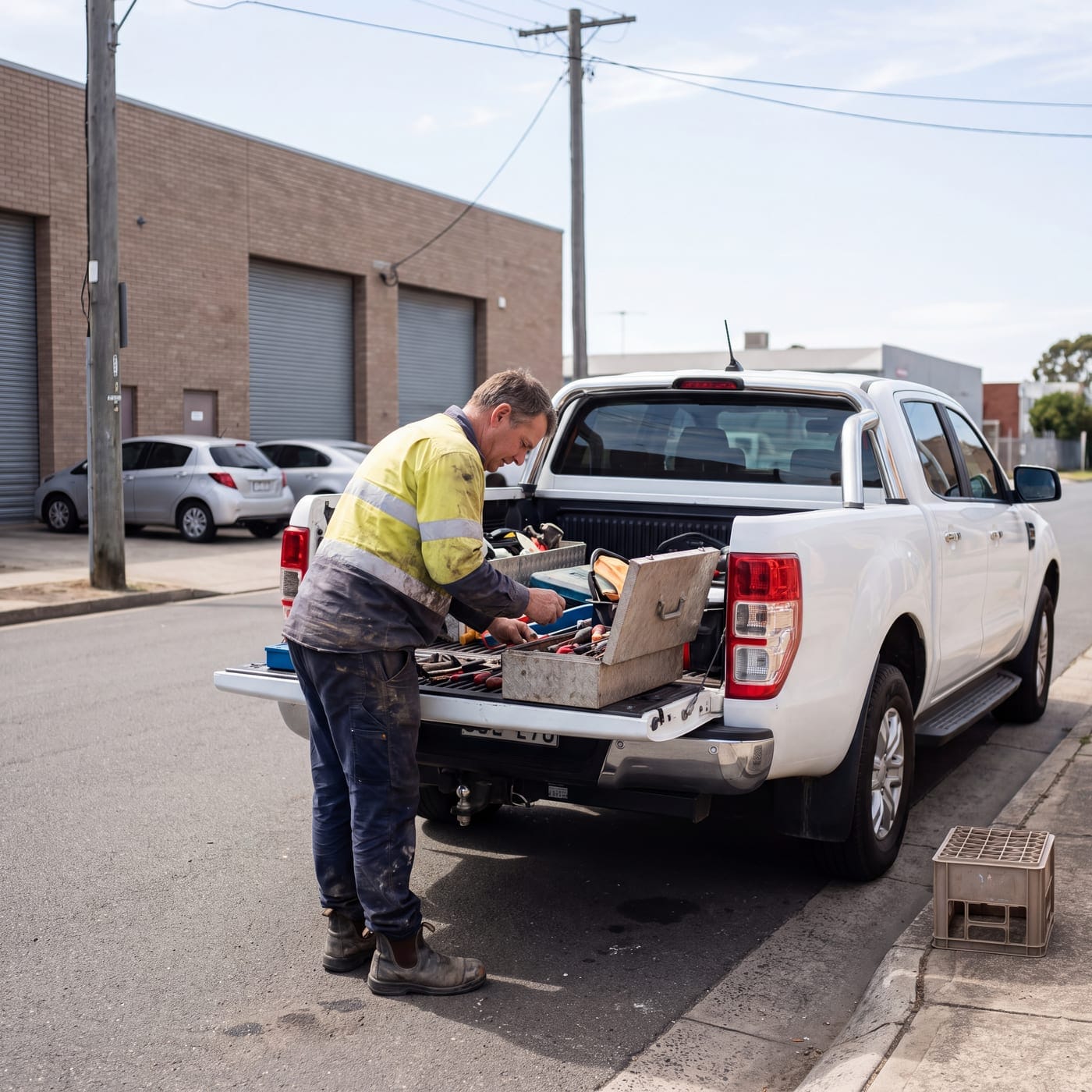 Worker in high-visibility clothing sorting tools in a ute tray on an industrial street