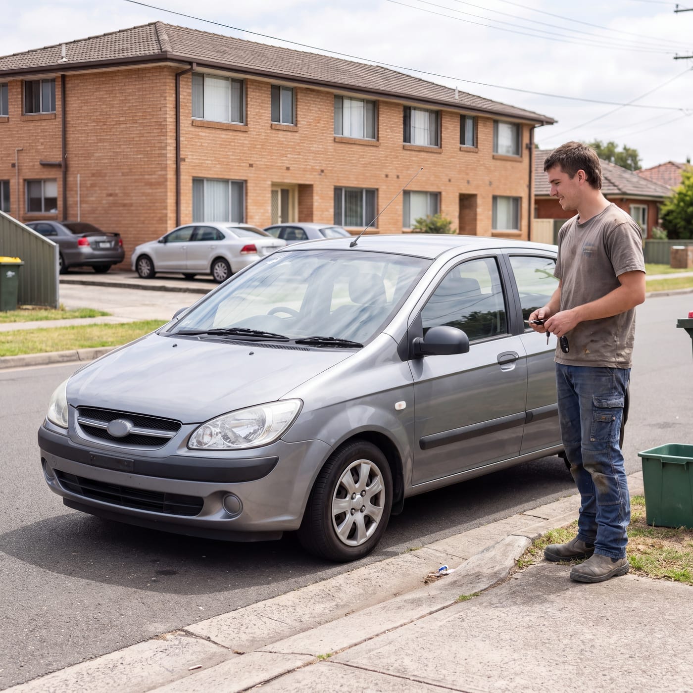 Person in their late teens standing at the door of a small hatchback outside a block of flats