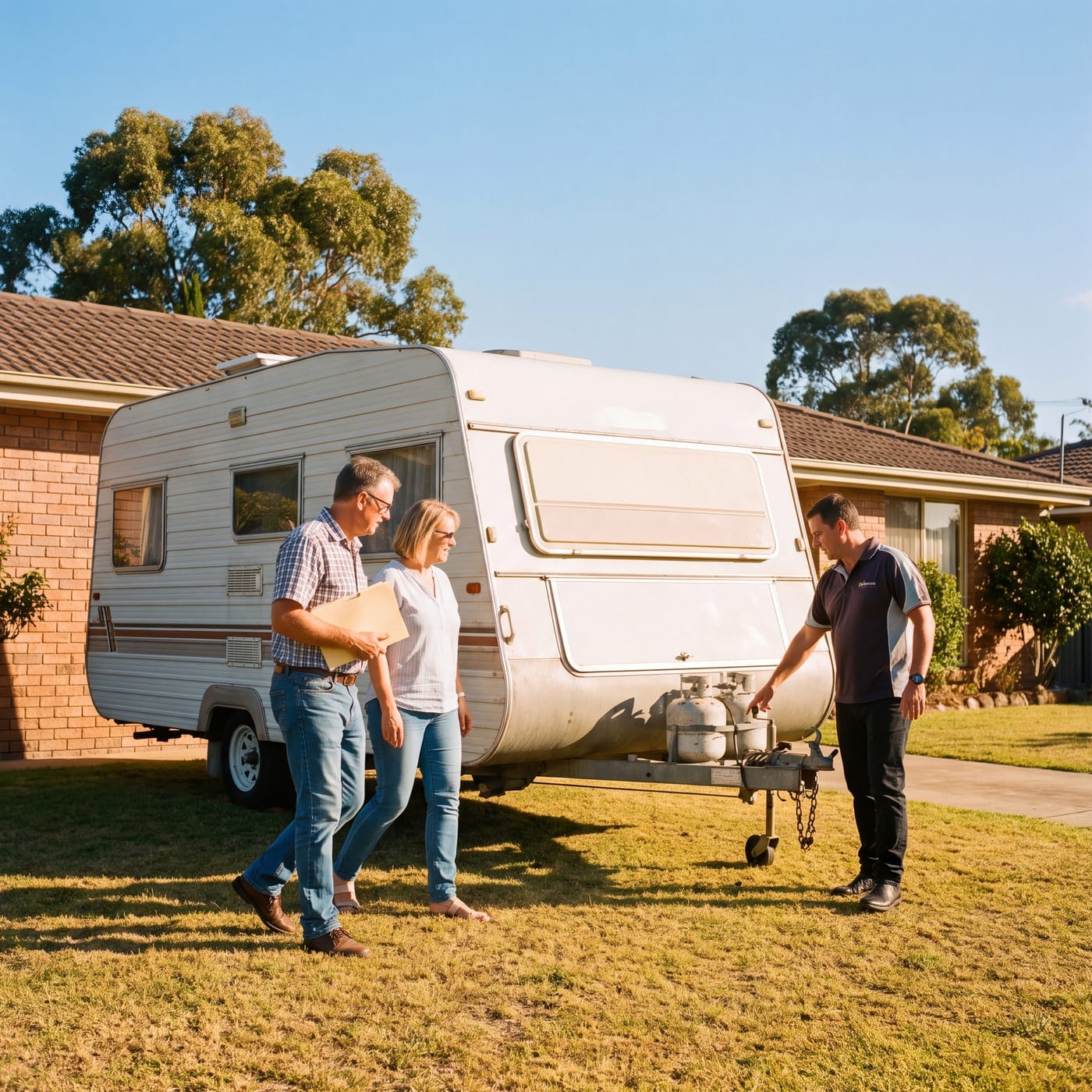 Couple with a folder inspecting an older caravan with the seller on a front lawn
