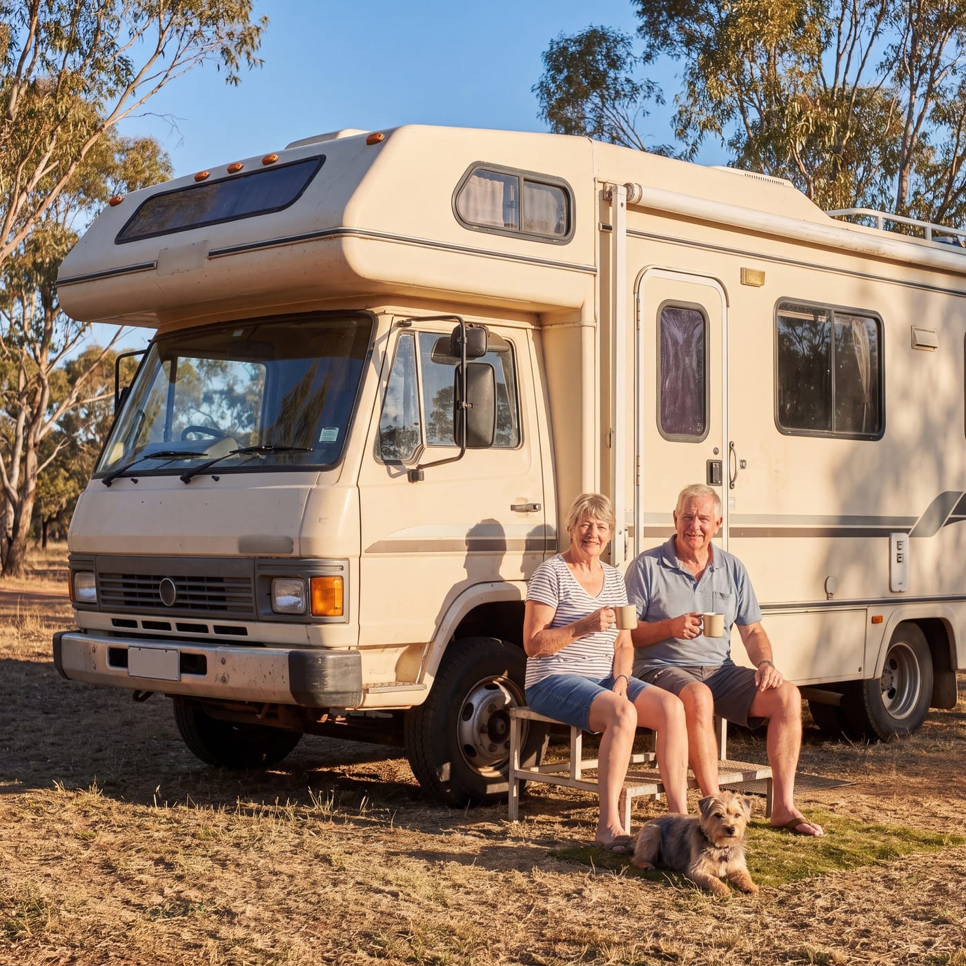 Older couple sitting in the shade beside their motorhome at a campsite with a dog at their feet