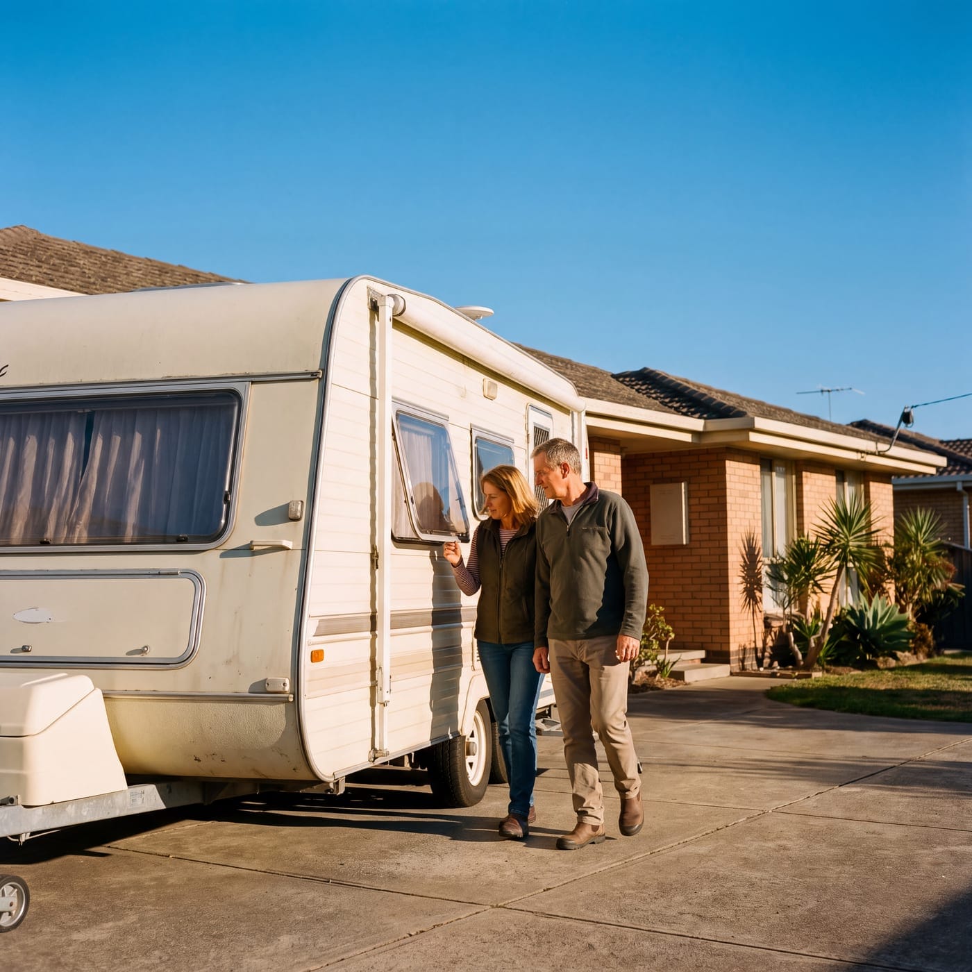 Couple walking beside an older caravan parked on a suburban driveway