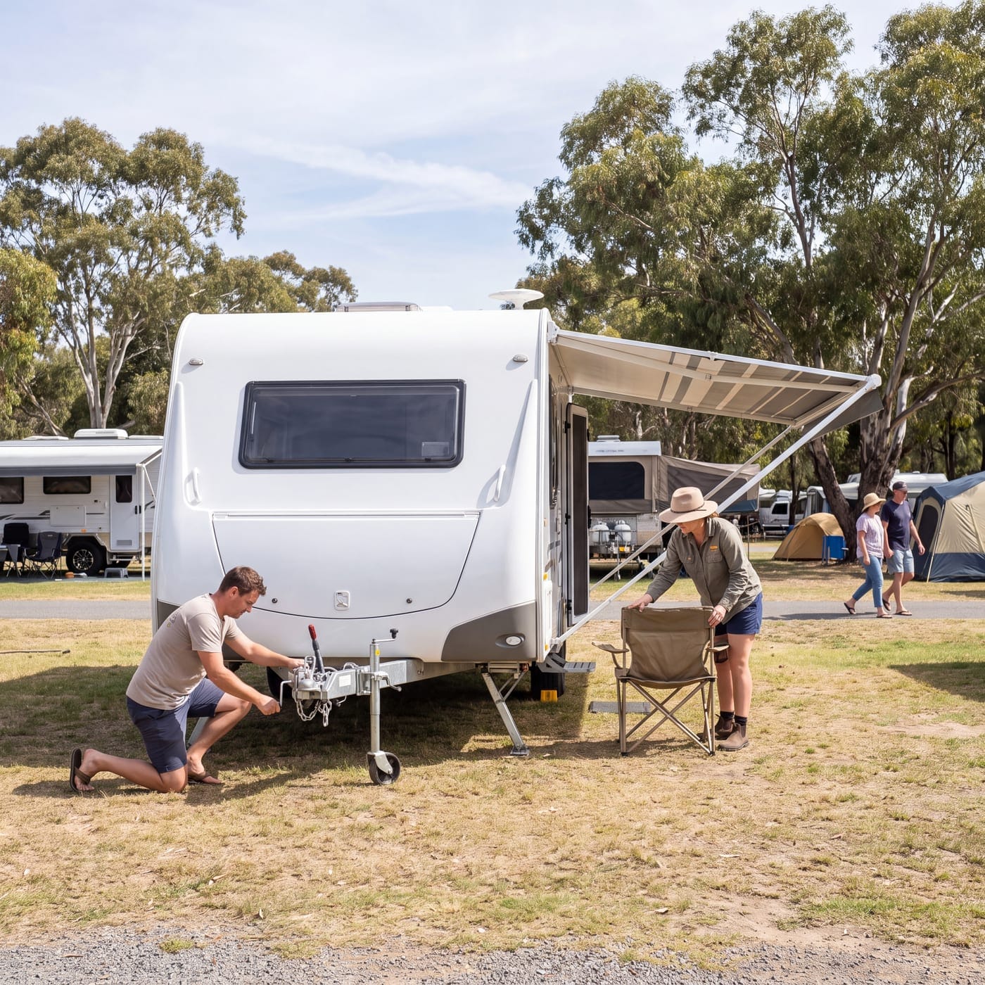 Two people setting up the awning and chairs at a caravan on a bush campsite
