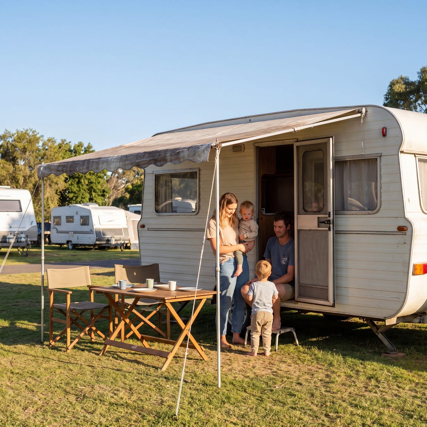 Young family with two small children under the awning of a caravan at a caravan park