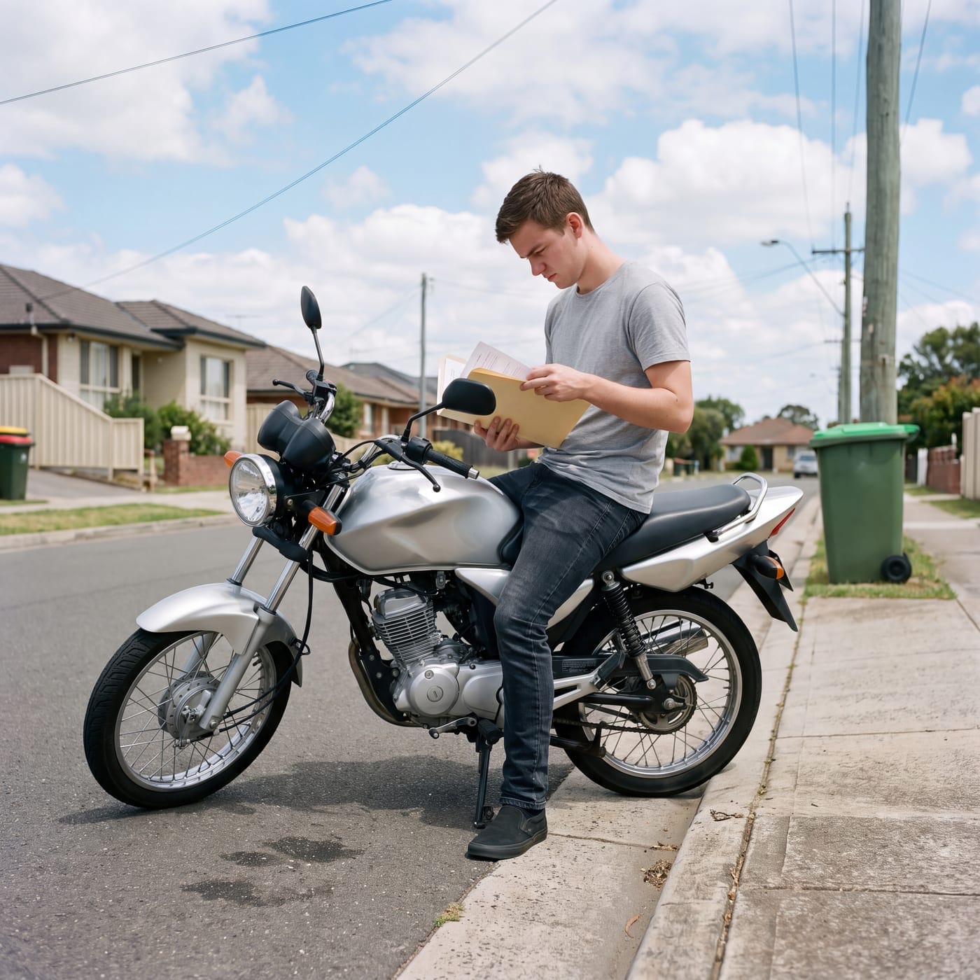 Rider reading a folder of documents beside a motorbike parked at the kerb
