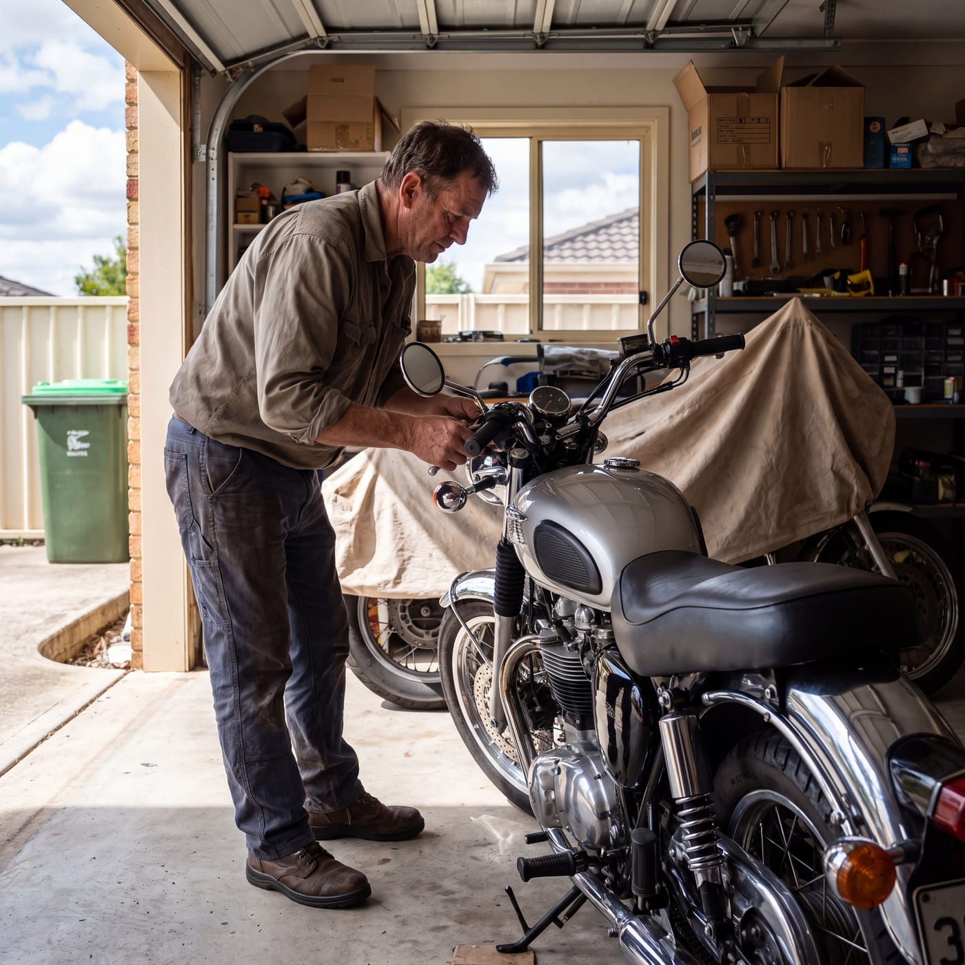 Man working on a vintage motorbike in a home garage with a dust cover pulled back