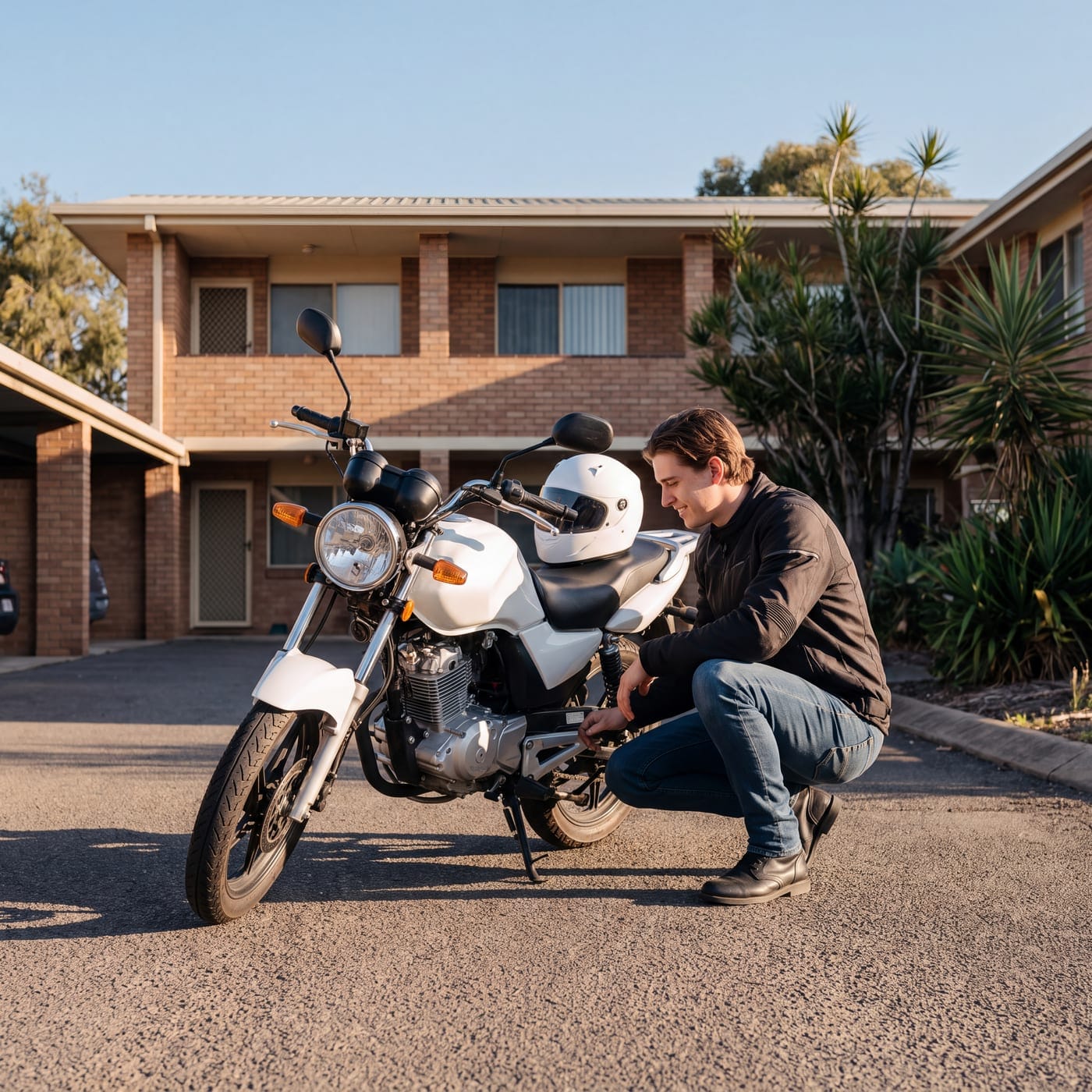 Young man crouched beside a small white motorbike in a driveway