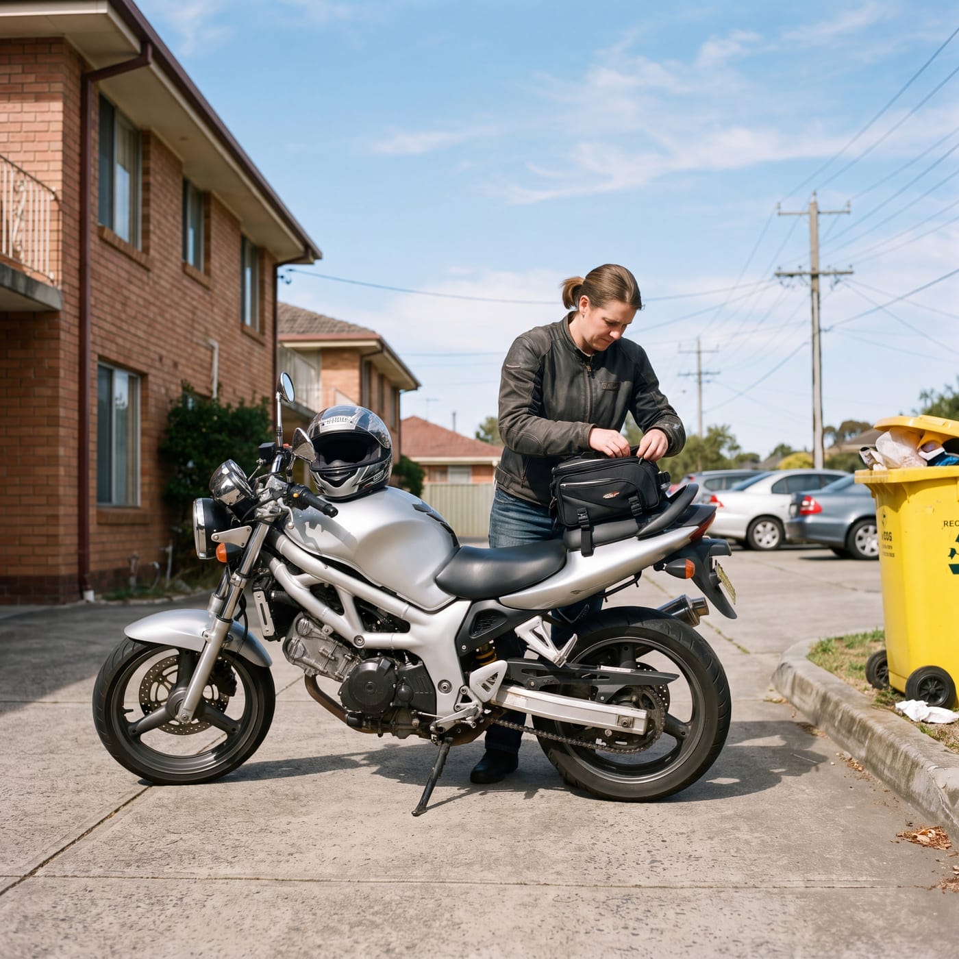 Rider checking over a motorbike parked on a suburban street
