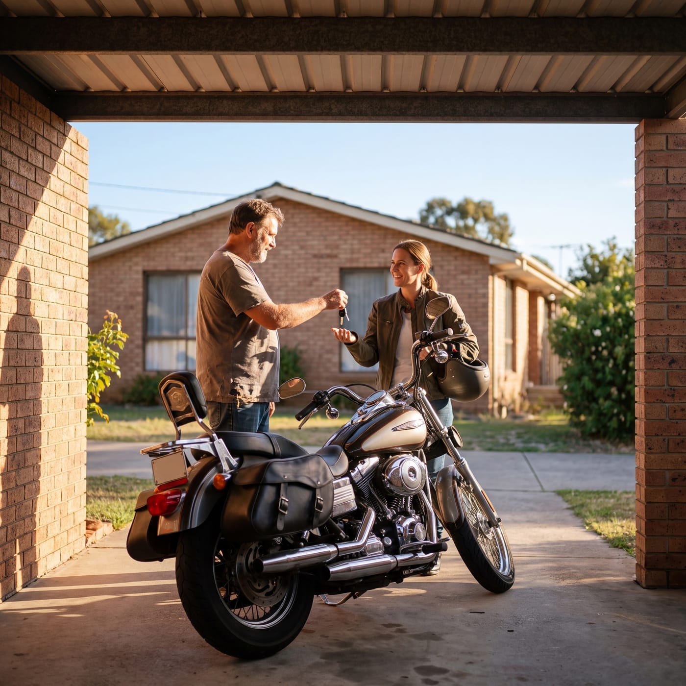 Man handing keys to a woman beside a cruiser motorbike under a carport