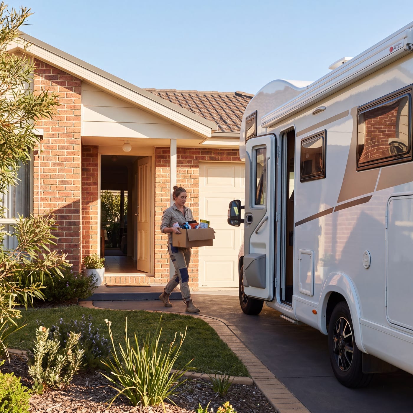 Woman carrying a box from her house to a motorhome parked in the driveway
