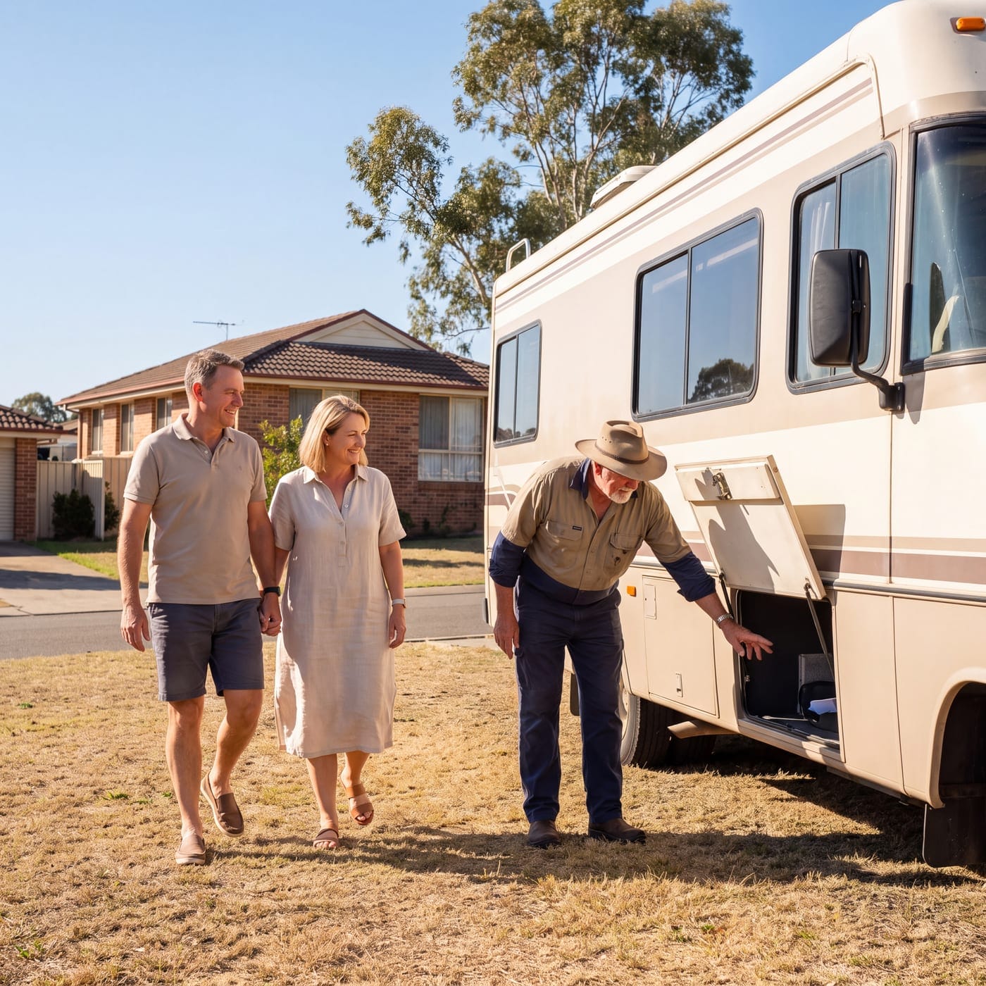 Couple walking towards a seller opening the storage locker on an older motorhome