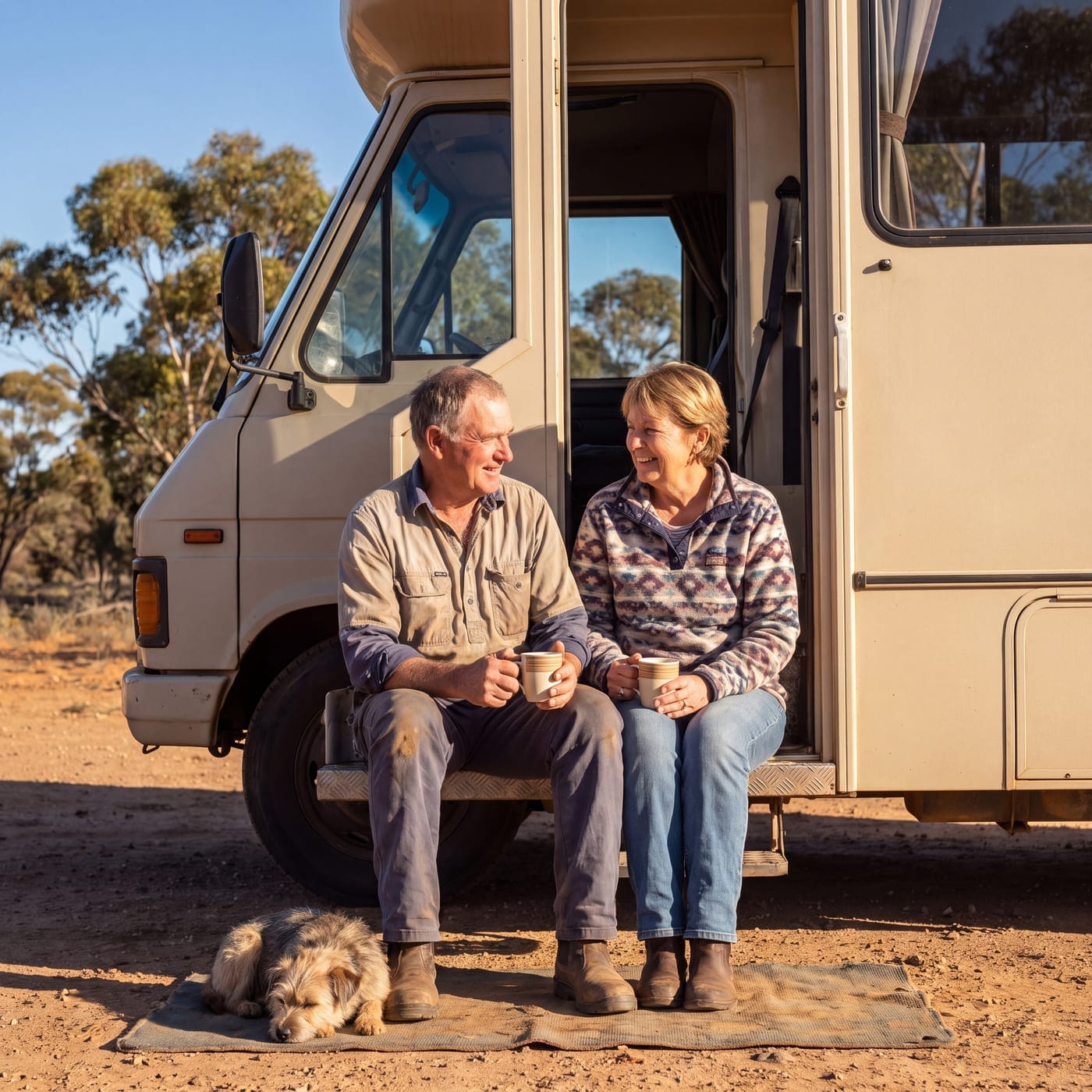 Older couple with mugs sitting on the step of a motorhome with a dog at their feet