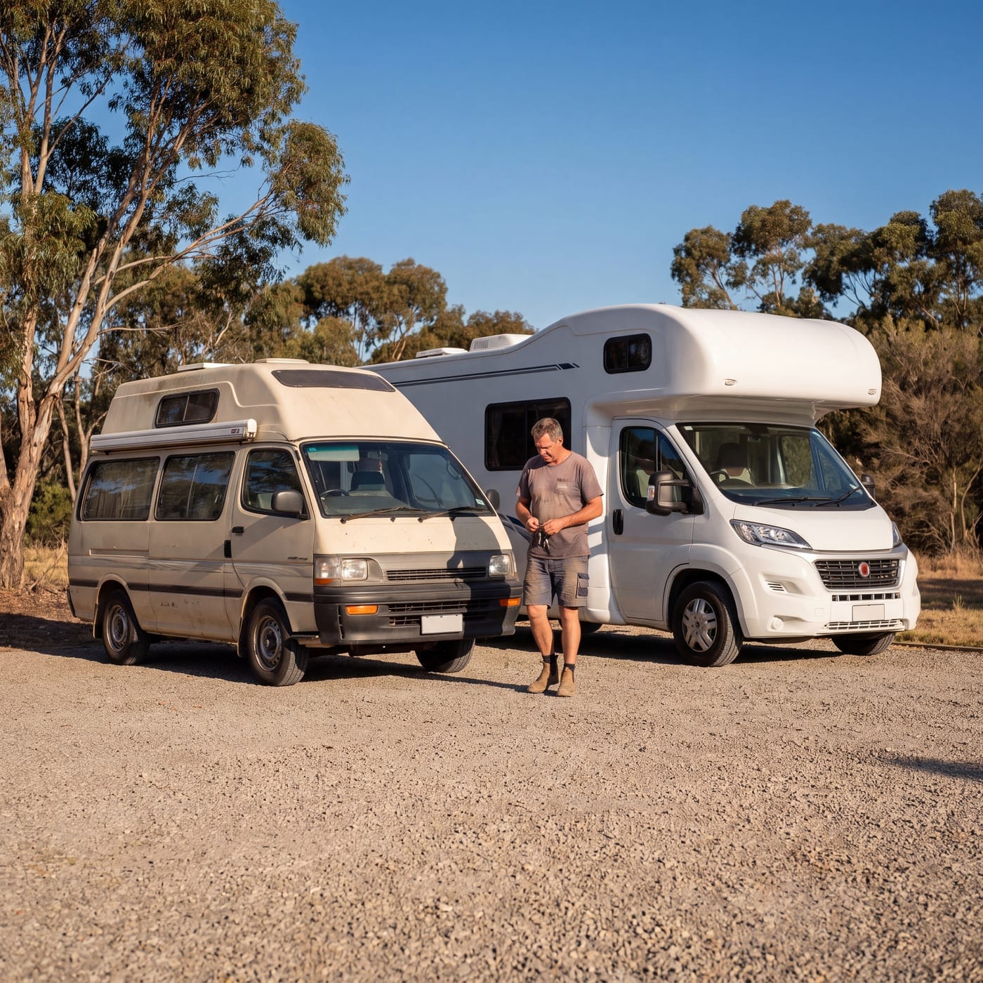 Man standing between an older campervan and a newer motorhome on a gravel yard