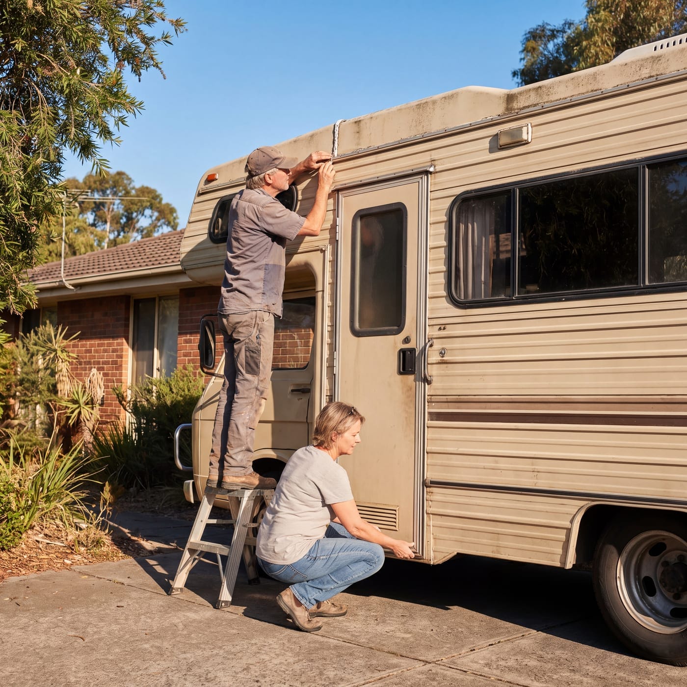 Couple checking the roof seal and wheel arch of an older motorhome in a driveway