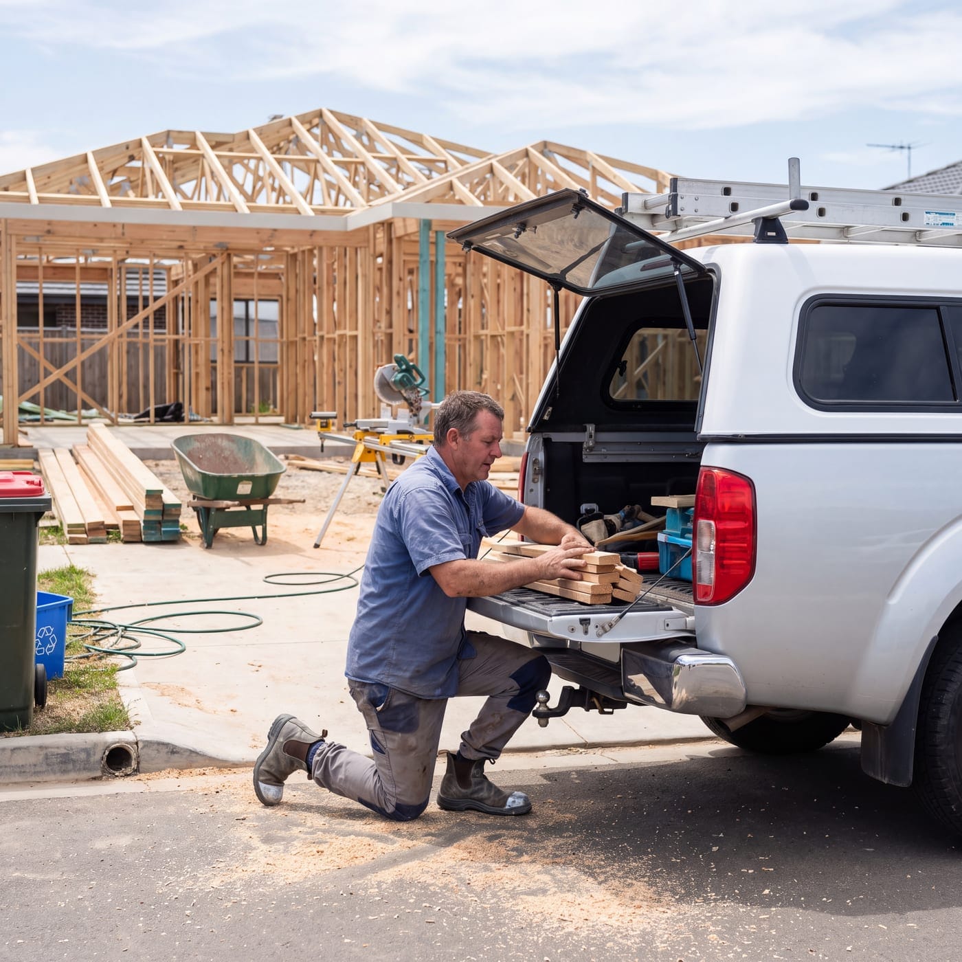Carpenter lifting timber into a ute tray at a timber-framed house under construction