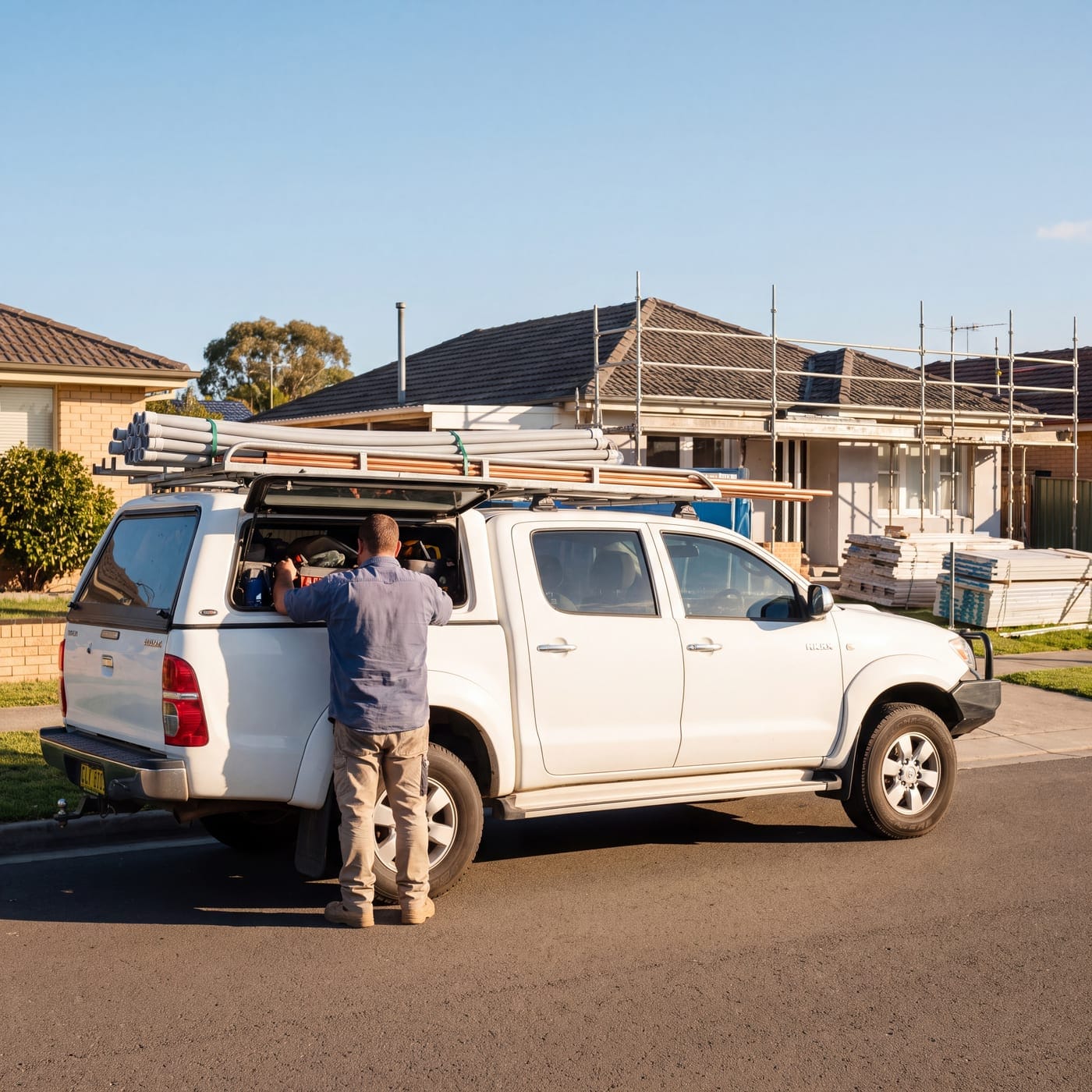 Tradesperson loading a white dual-cab ute with pipes on the roof rack outside a house under construction