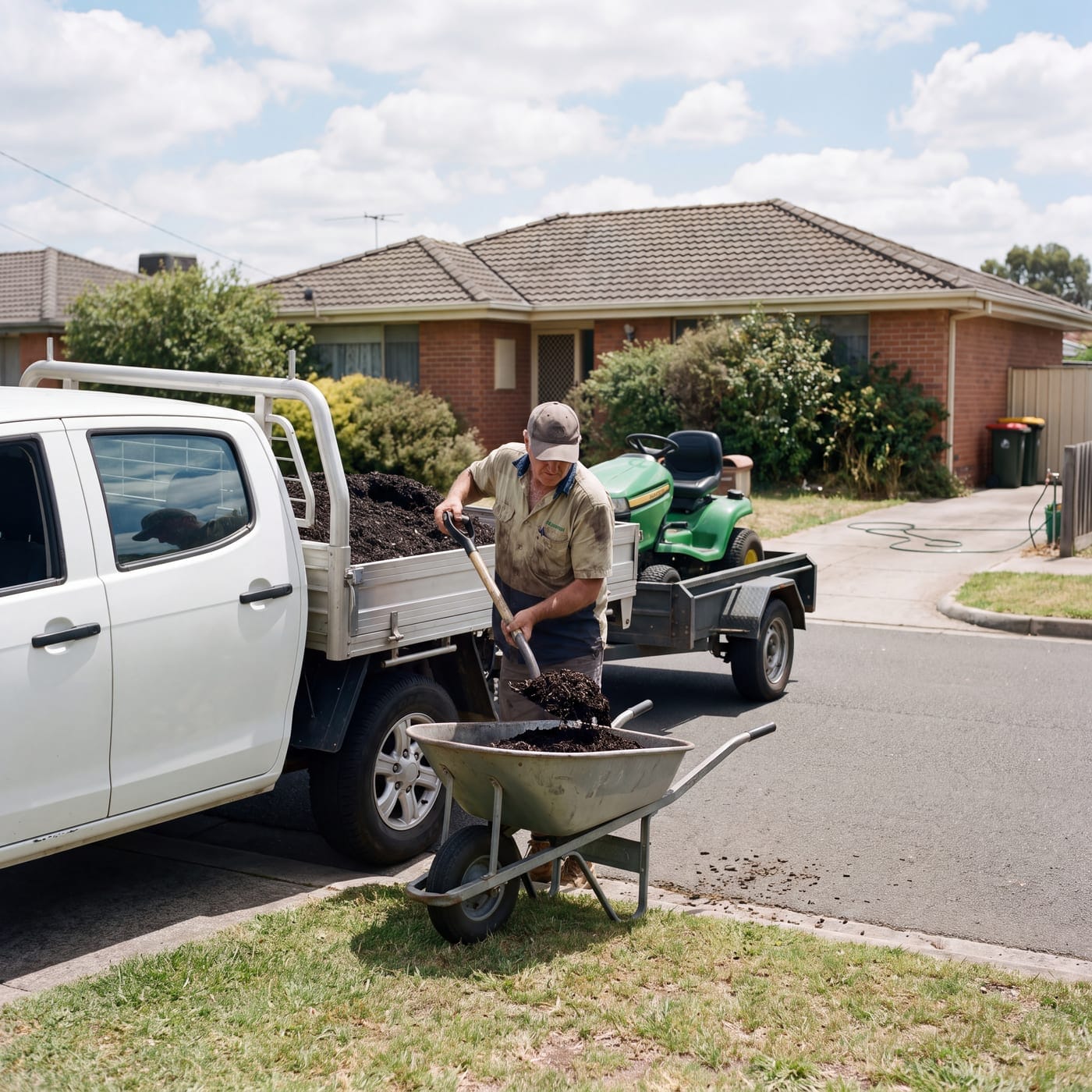 Grey tray-back ute loaded with mulch towing a ride-on mower outside a new home