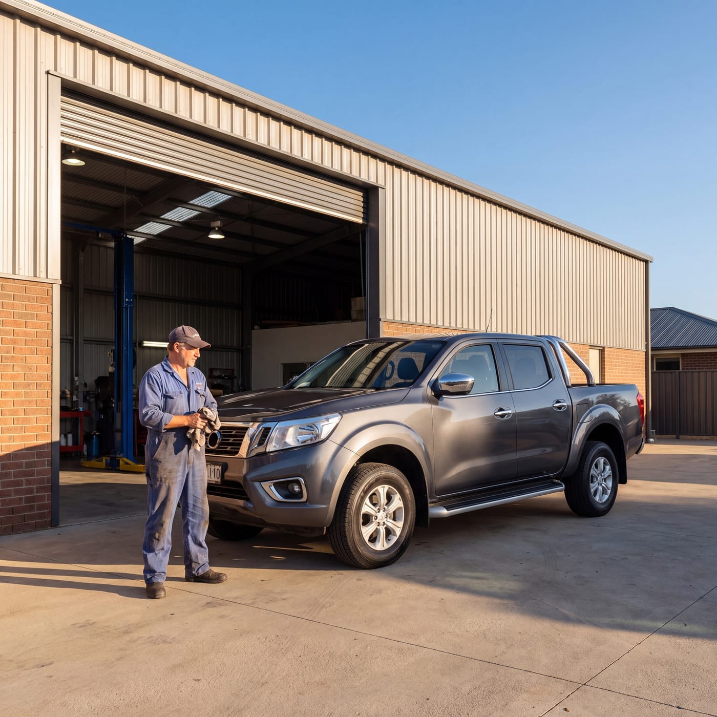 Mechanic wiping his hands beside a grey ute outside a workshop