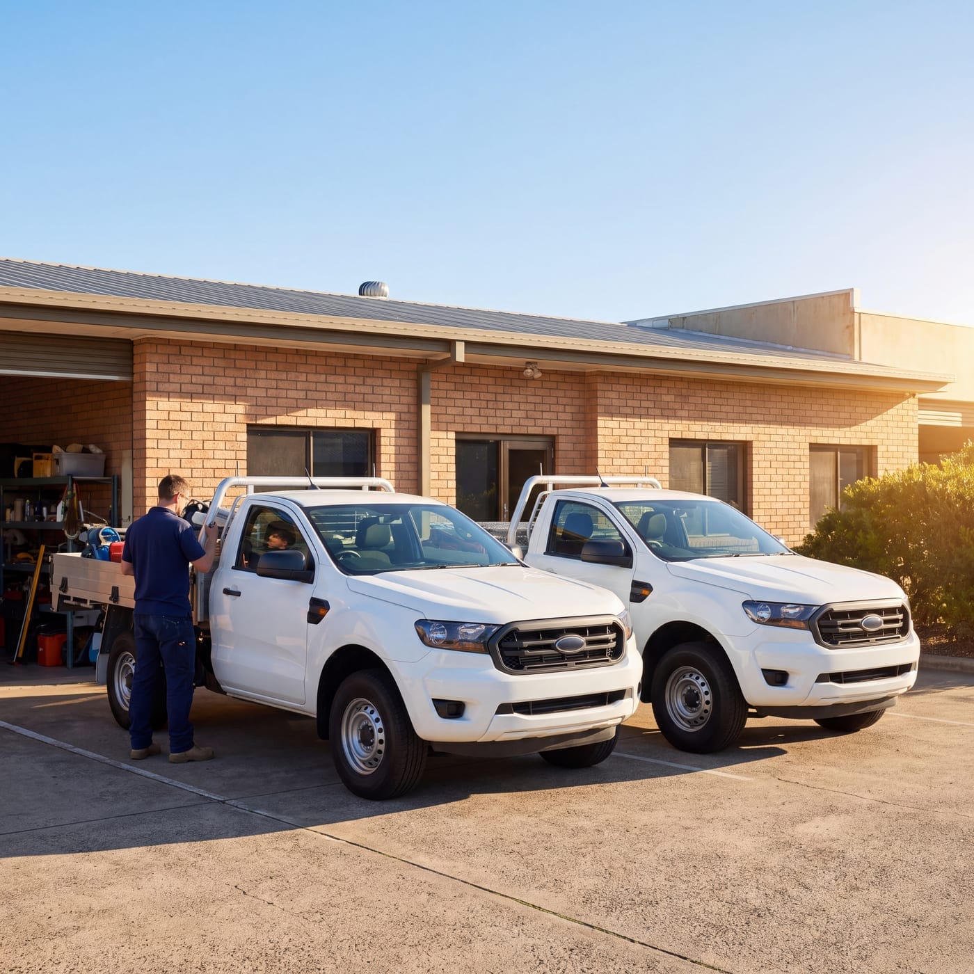 Two white single-cab utes parked outside a brick workshop