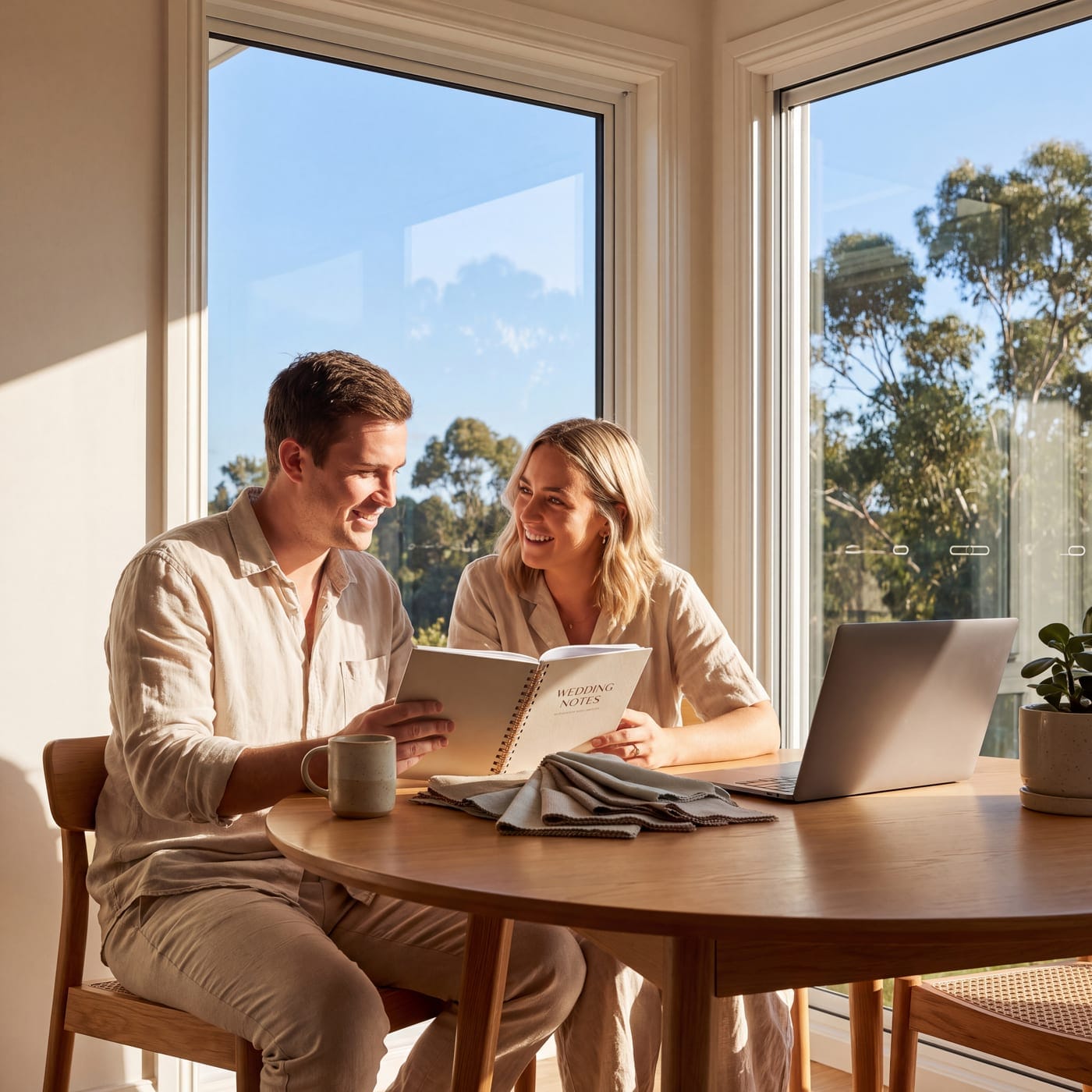 Couple at a table with a wedding notebook, fabric swatches and a laptop