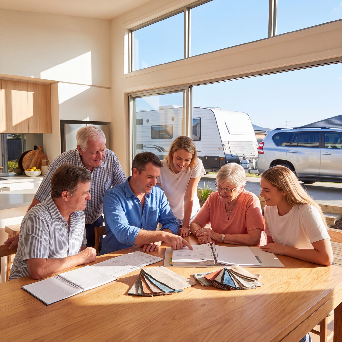 Extended family gathered around a table reviewing plans and fabric swatches