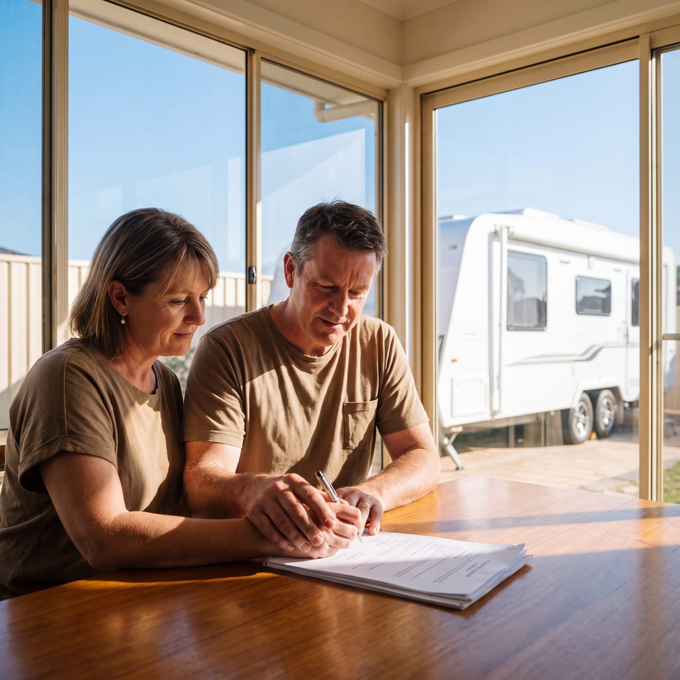 Couple signing paperwork together at a dining table by a window