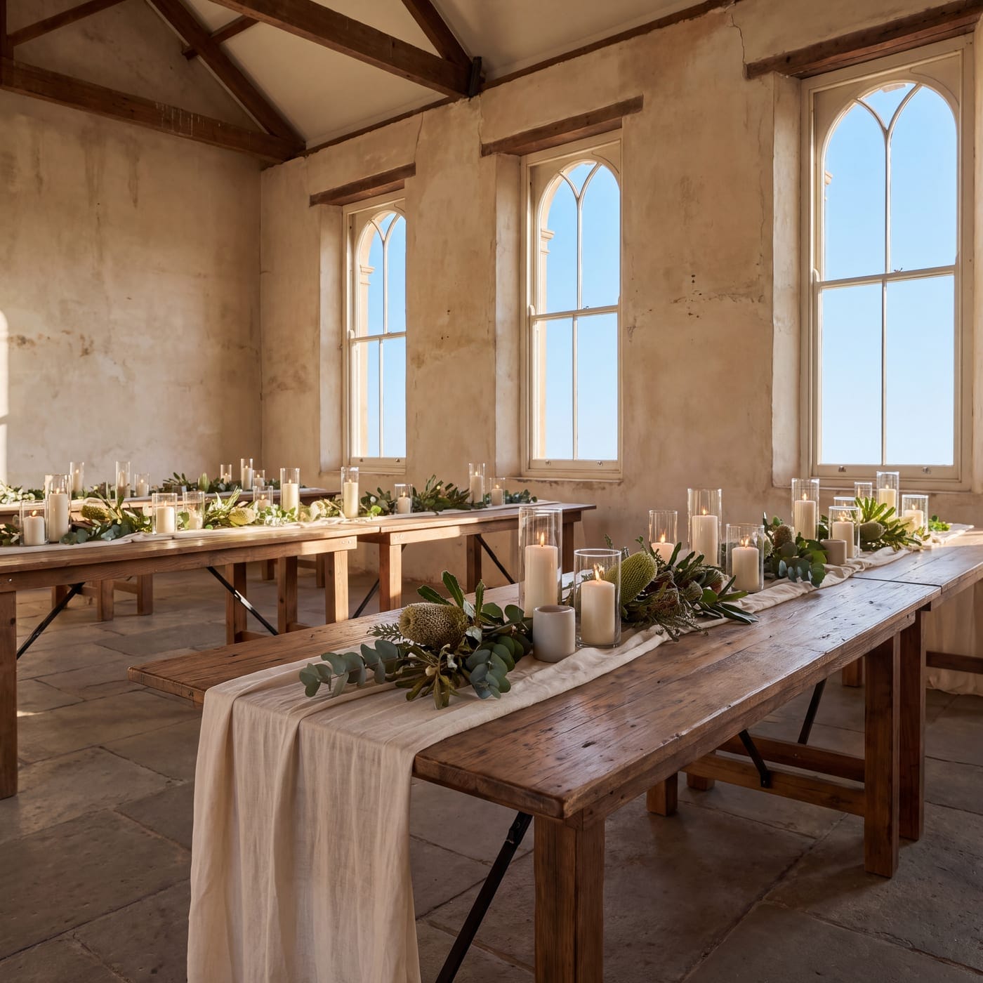 Long timber tables dressed with candles and native greenery in a stone hall