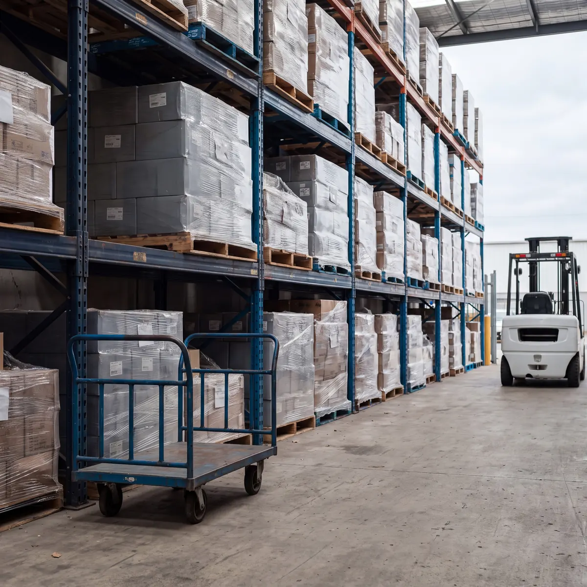Warehouse racking stacked with pallets and a forklift in the aisle