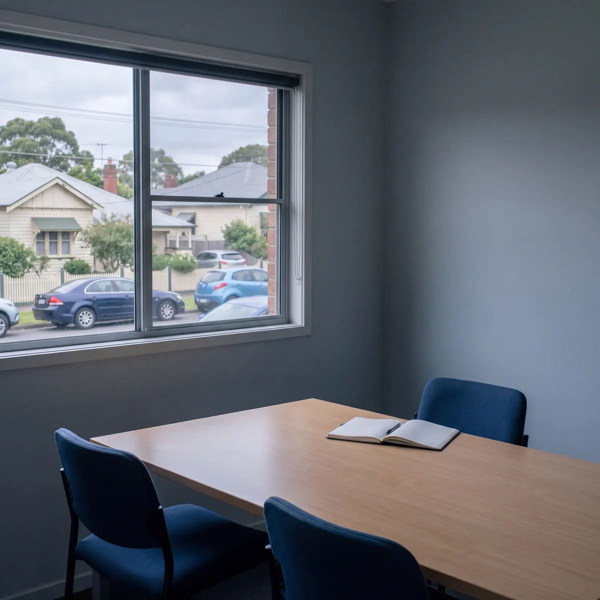 Empty meeting room with a timber table, chairs and an open notebook