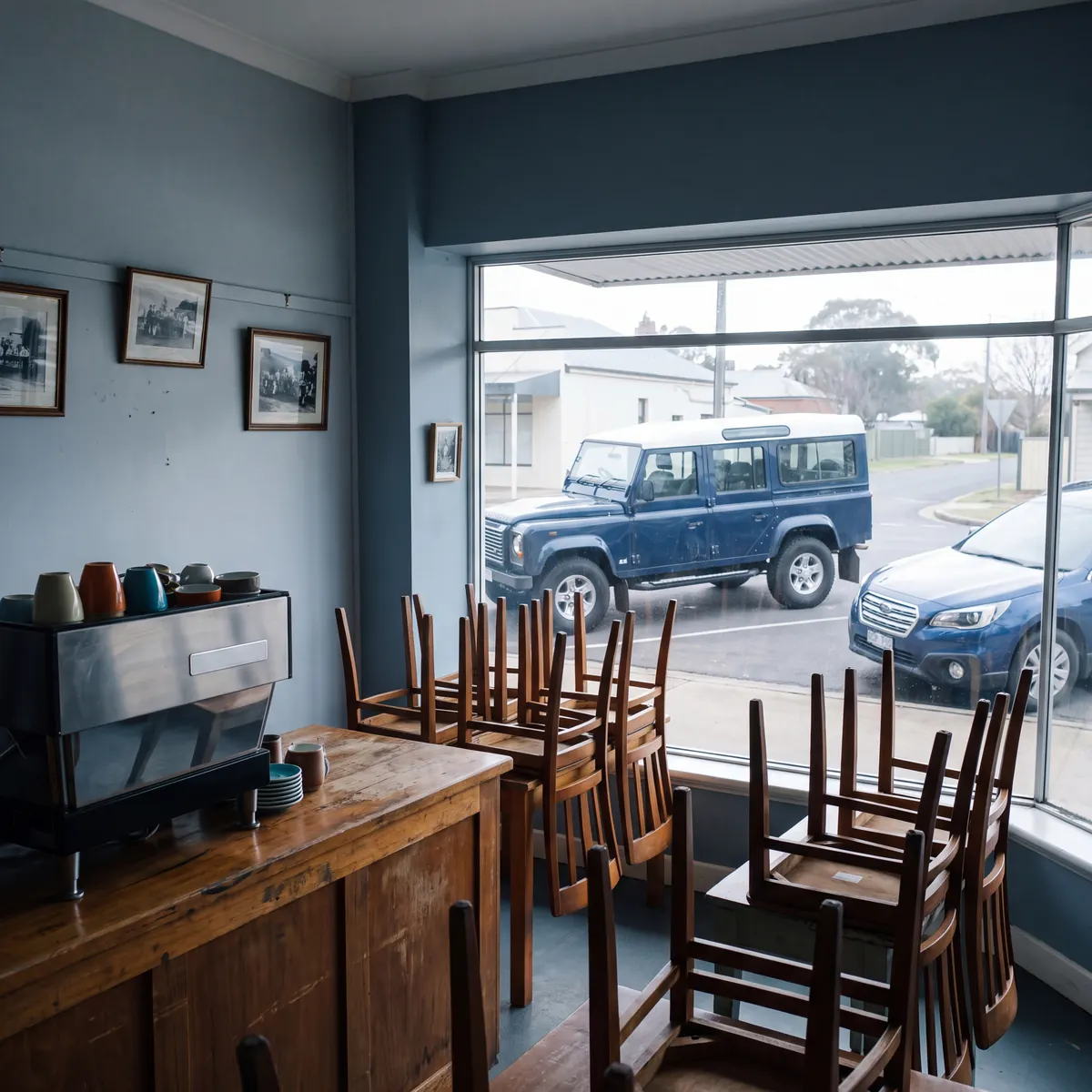 Empty cafe interior with chairs stacked on tables and a coffee machine on the counter