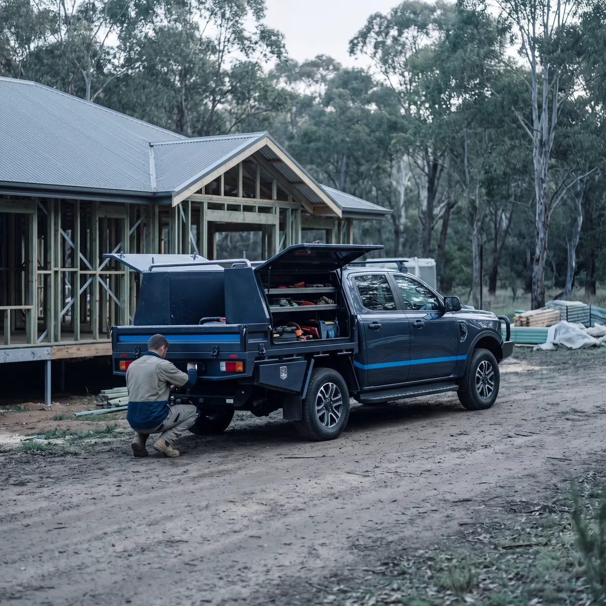 Worker at the canopy of a ute loaded with toolboxes outside a house under construction