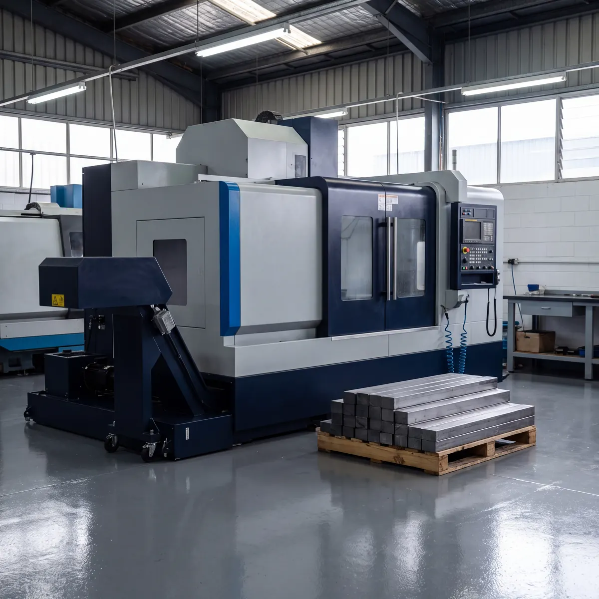 Large computer controlled machining centre on a factory floor beside stacked billets