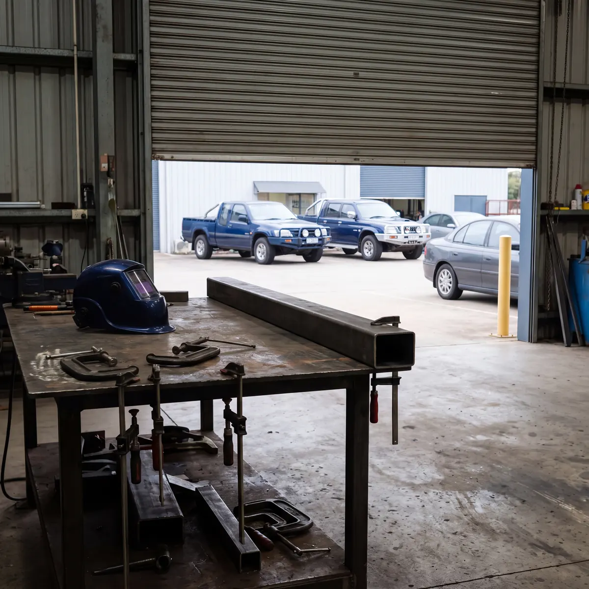 Fabrication bench with vices, clamps, a welding helmet and steel section in a workshop