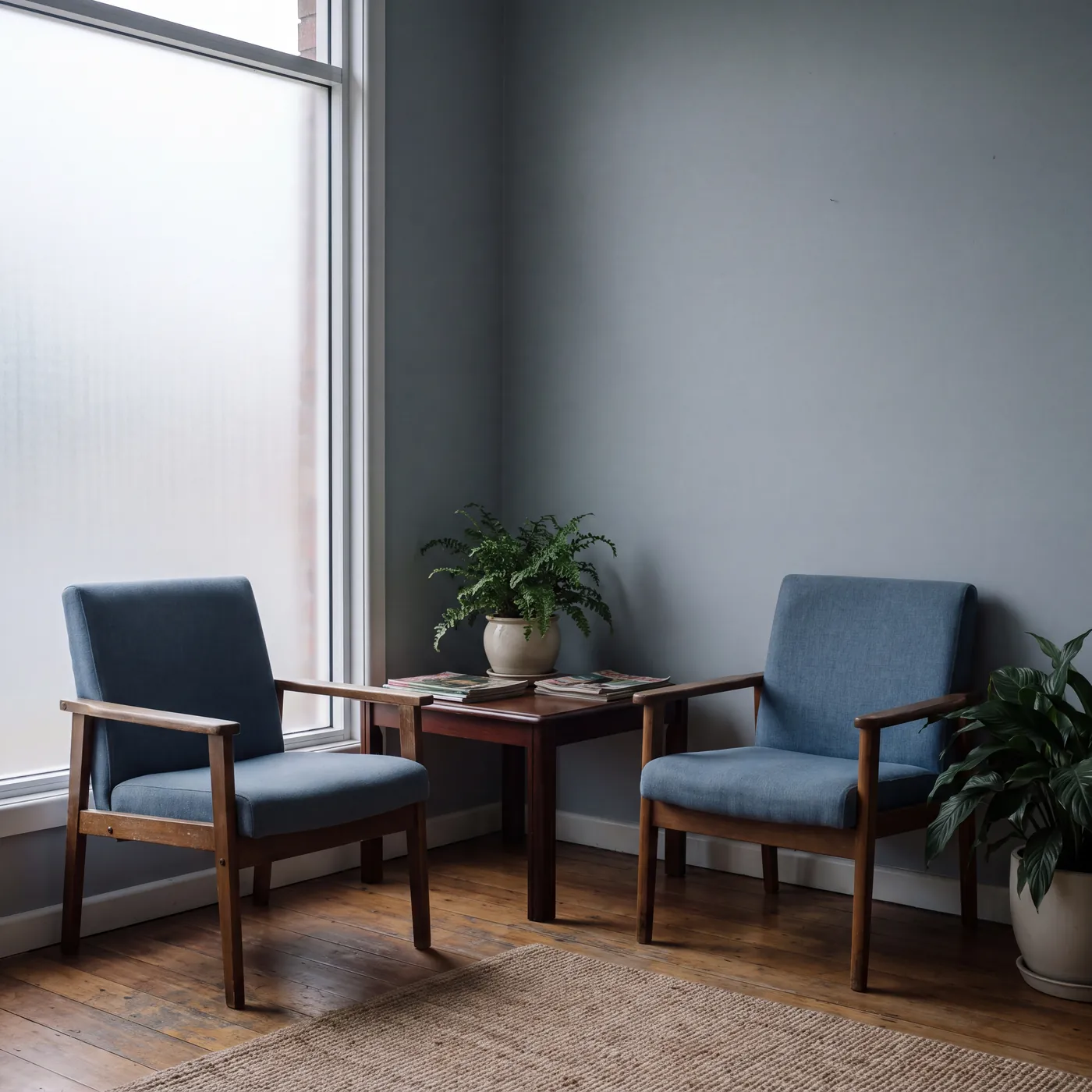 Clinic waiting area with two armchairs, a side table and a pot plant