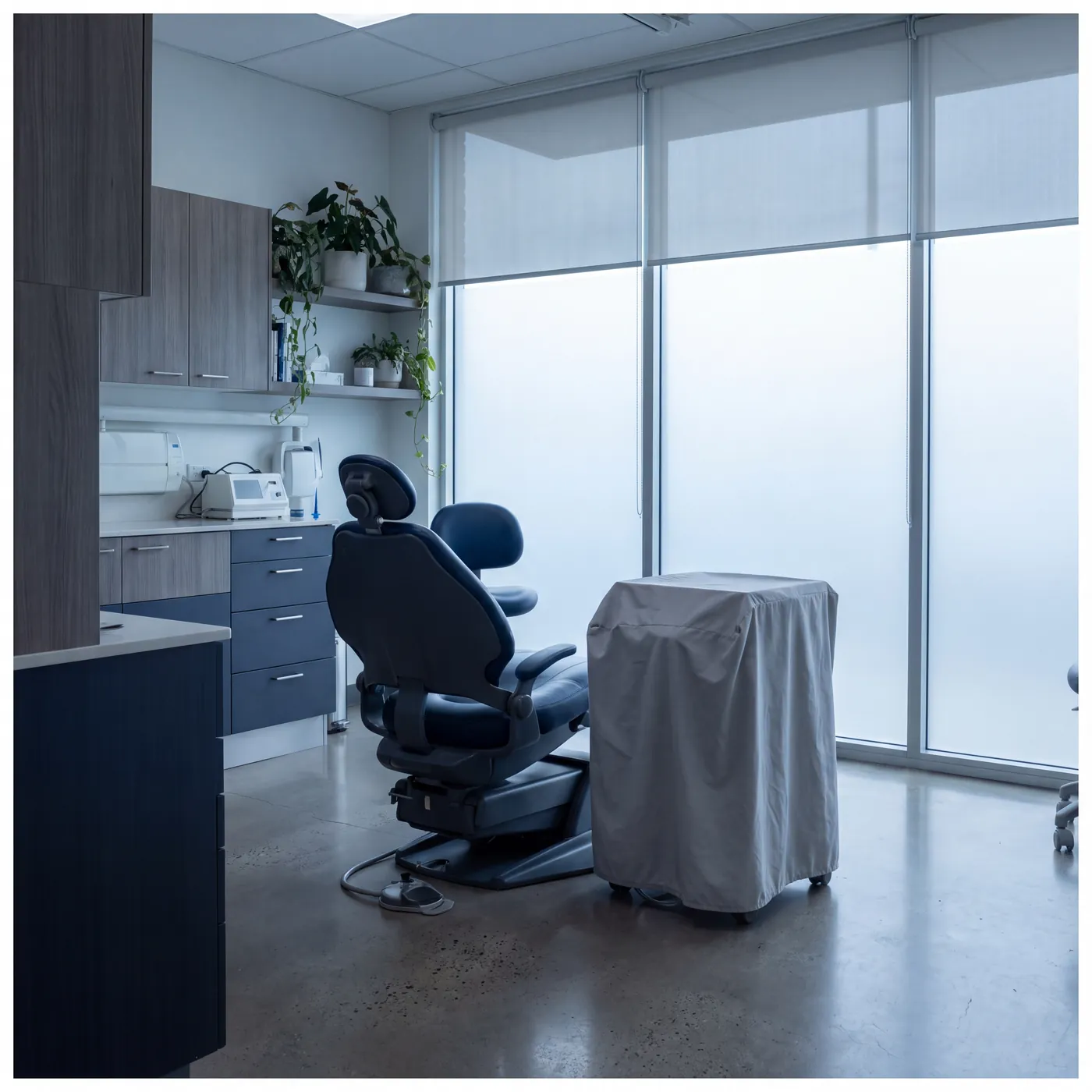 Dental surgery with a treatment chair and instrument bench beside a window