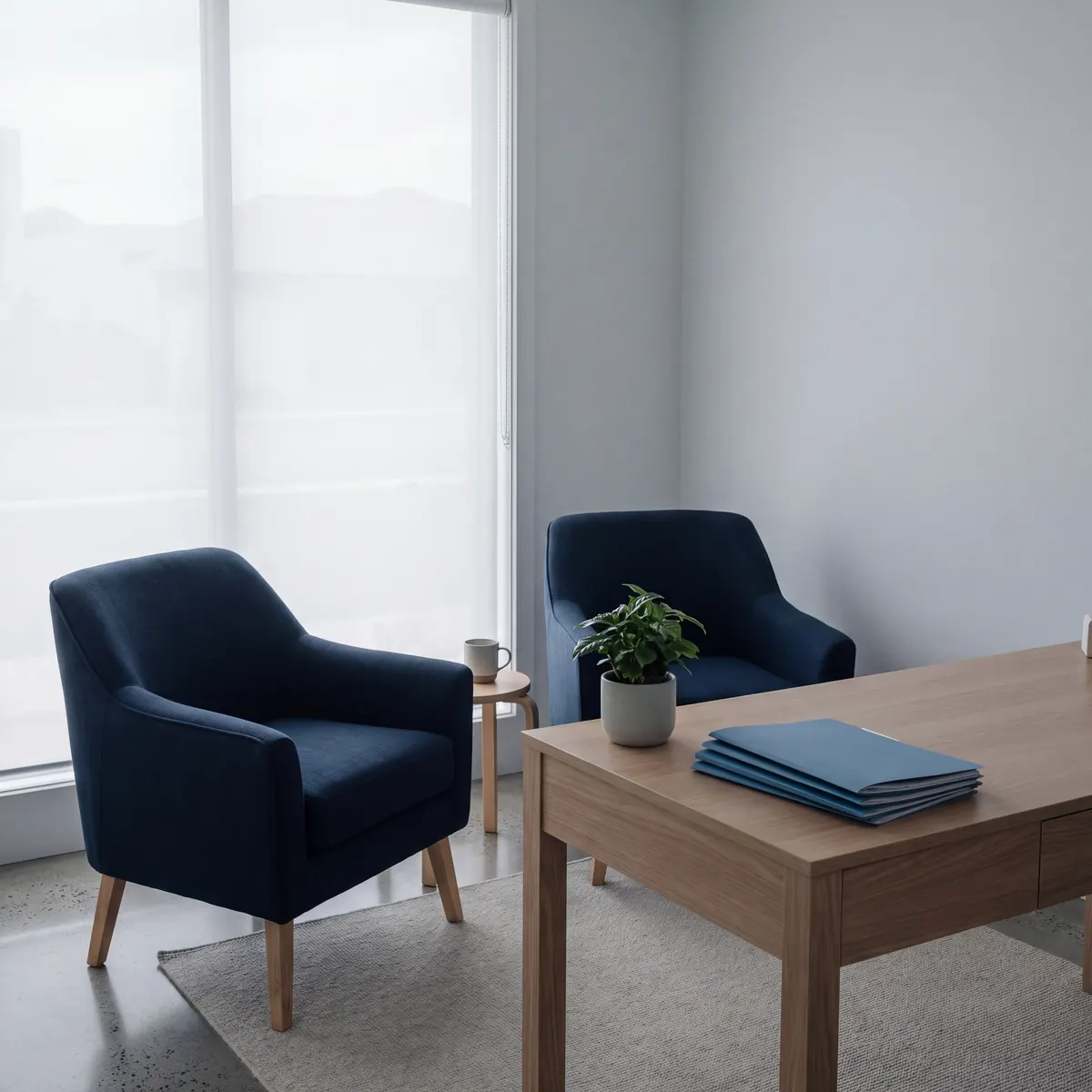 Quiet consulting room with an armchair, a timber desk and folded gowns